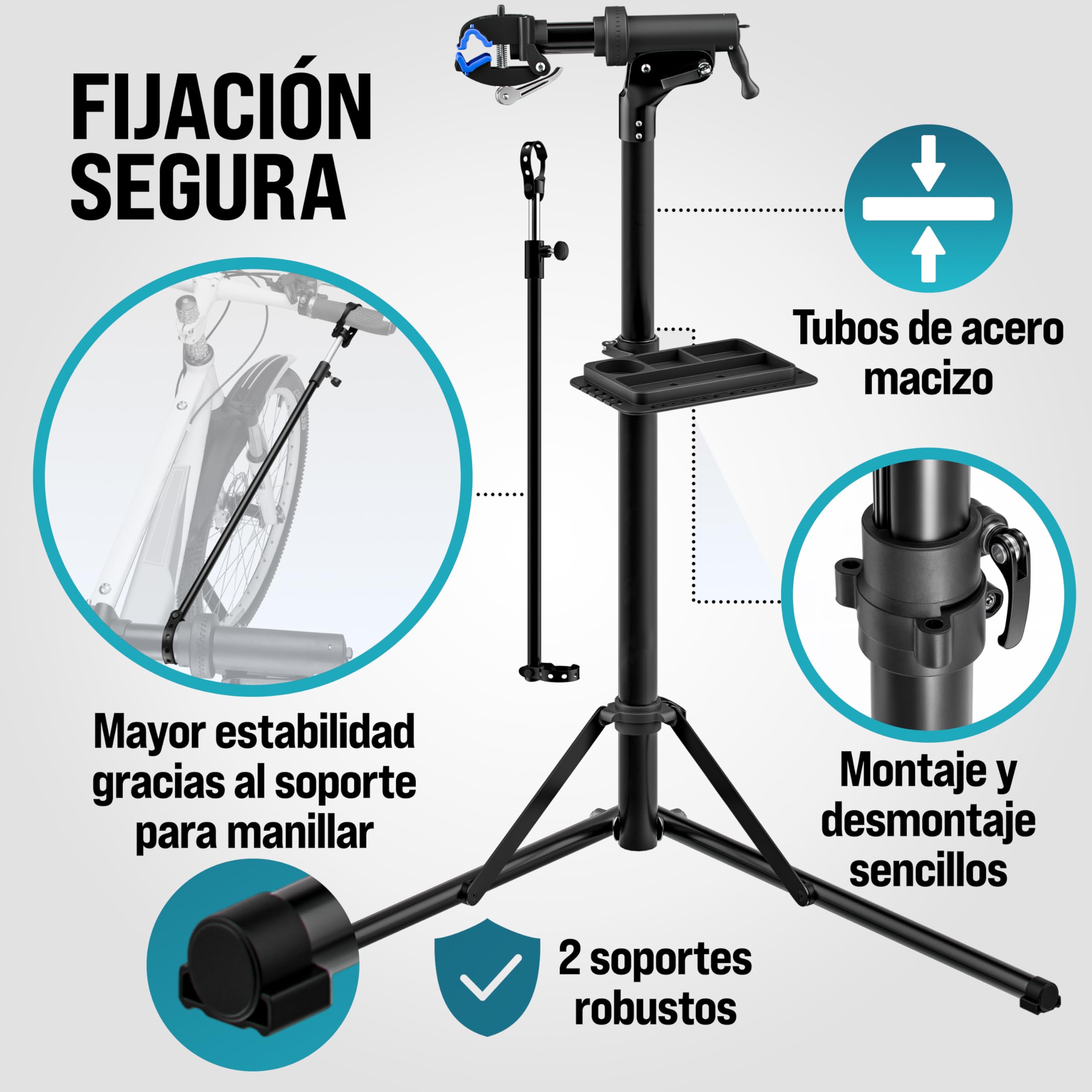MONZANA® Caballete para Bicicleta Eléctrica Soporte Reparación Montaje Plegable Giratorio Altura Ajustable Barra Sujeción Manillar Bandeja para Herramientas Acero Carga Máxima 50 Kg