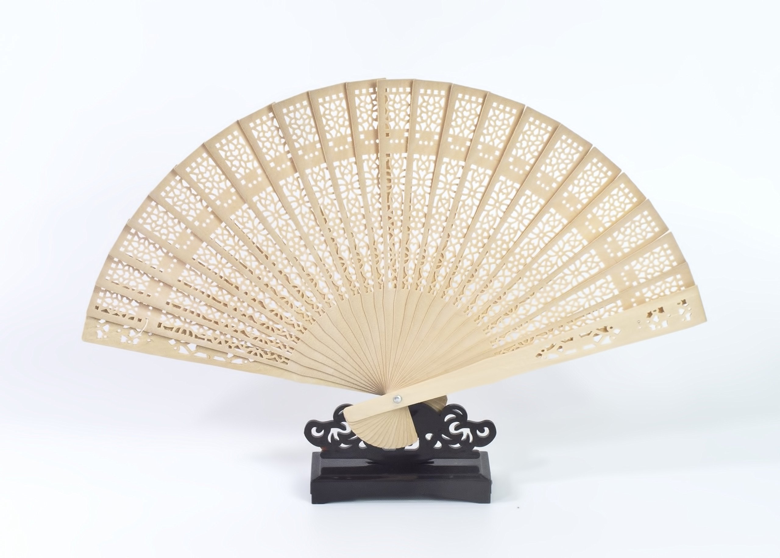 All In One Chinese Scented Wooden Hand Held Folding Fans for Craft Home Wedding Party Event Decoration, Gifts (1pc with Fan Holder)