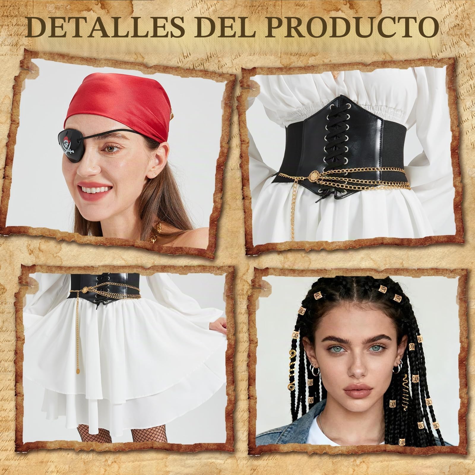 Joellfuner Disfraz Pirata Mujer, Vestido Blanco Pirata, Disfraz de Piratas Mujer con Corset, Bandana, Collares y Cadenas de Cintura, Accesorio para el Pelo para Carnaval Halloween Cosplay