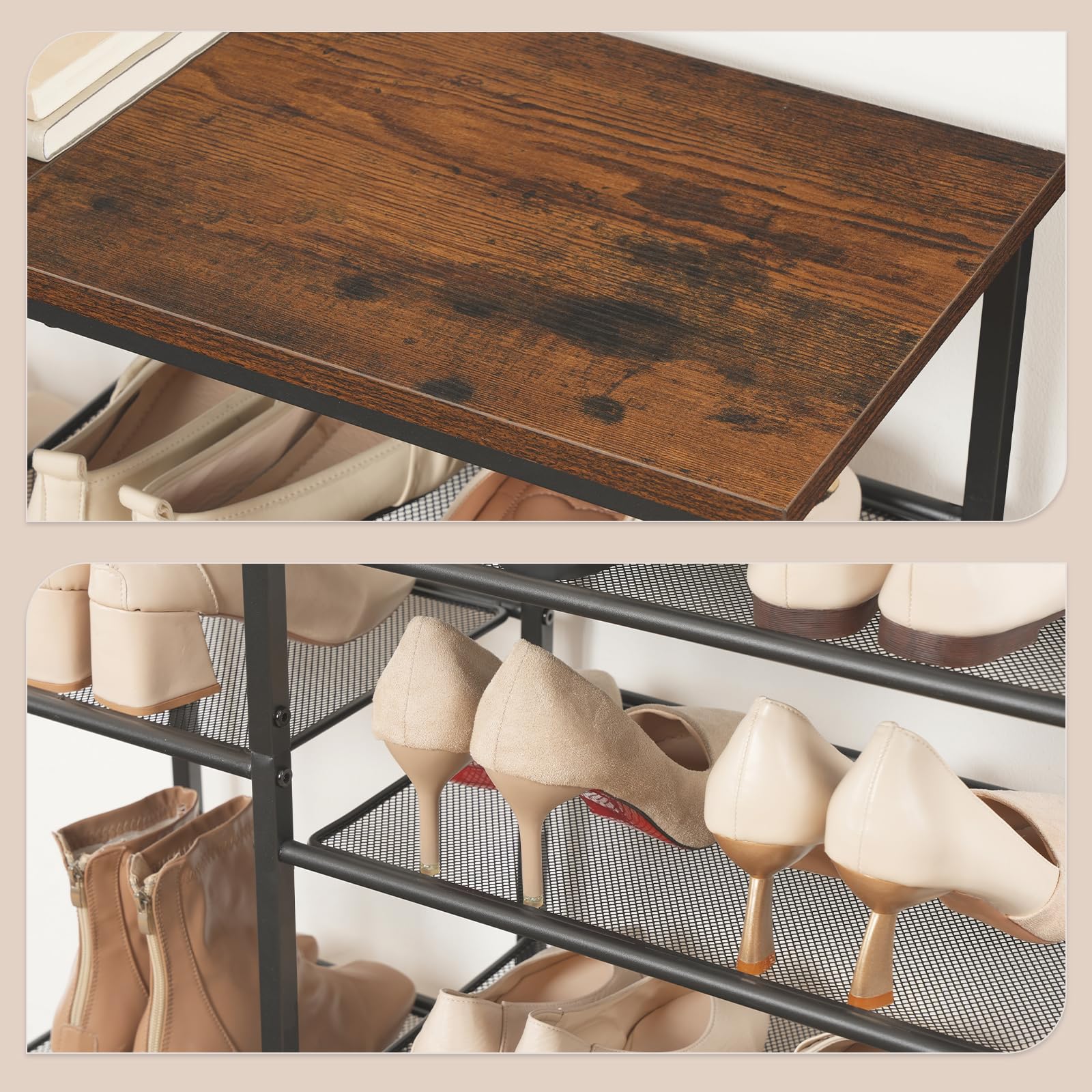HOOBRO Schuhregal, 6-stöckiges Schuhablage, Schuh-Organizer, Metall Schuhständer, Große Kapazität Schuhschrank für Flur, Eingang, Stiefel, platzsparend, Vintagebraun und Schwarz EBF35XJ01