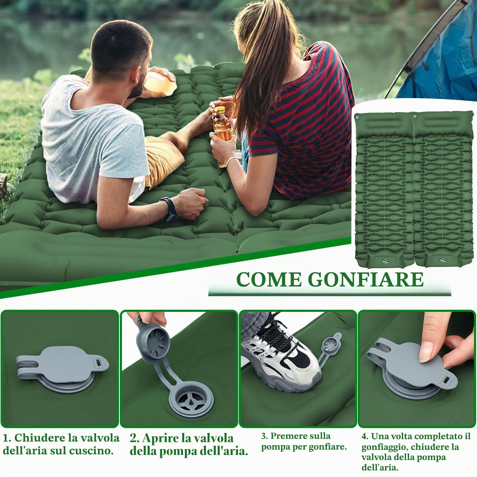 Frasheng Materassino Campeggio Autogonfiabile, Ultraleggero Autogonfiante Materasso Singolo con Pompa a Pedale, Pieghevole Materasso Campeggio per Trekking Escursionismo Campeggio Tenda, Verde