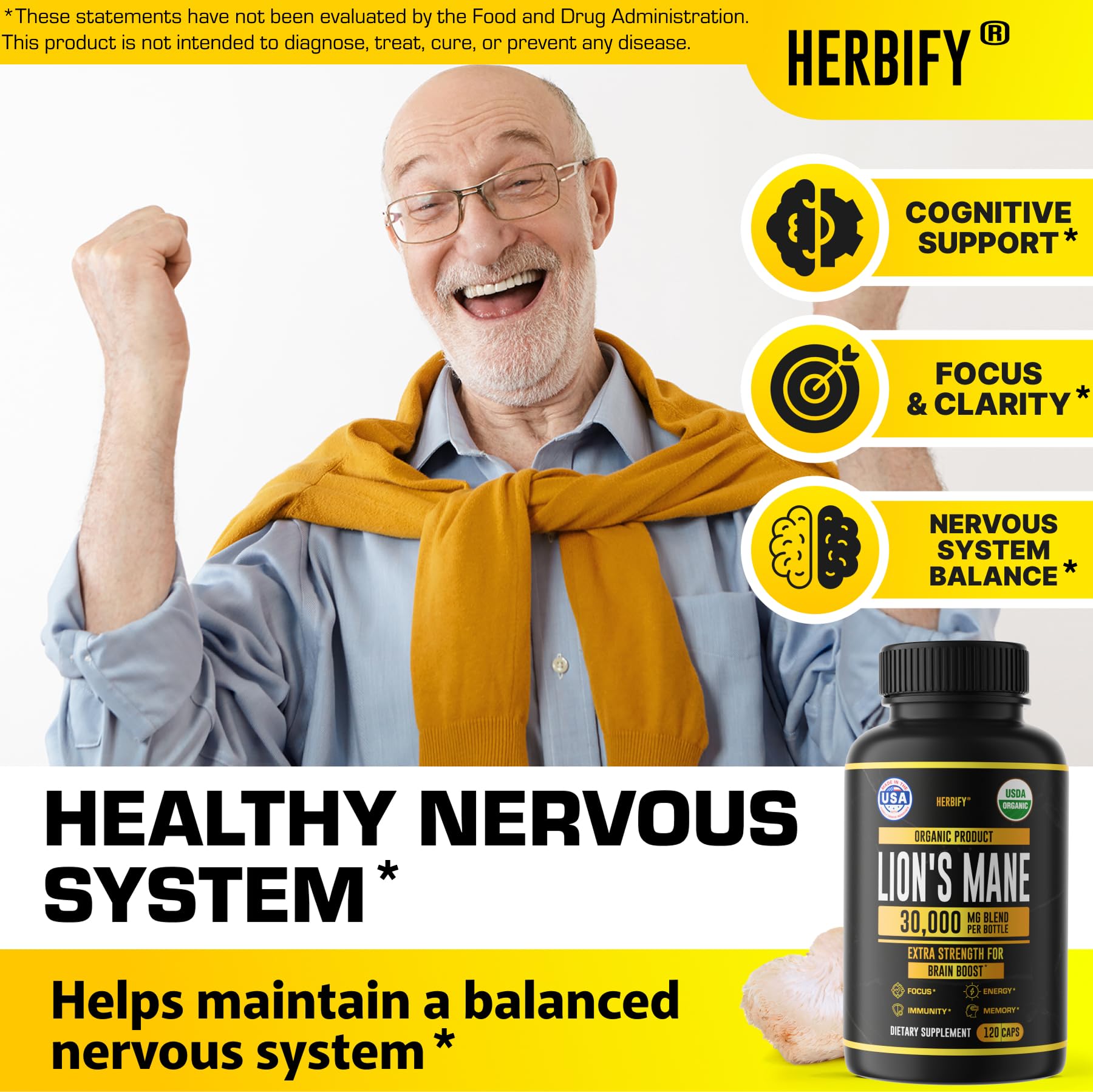 HERBIFY Lions Mane Supplement - Daily Mushroom Supplement for Memory, Focus & Clarity - Brain Booster - Lions Mane Capsules for Natural Immune Support - Vegan, Organic - 120 Capsules — Amazon image 3