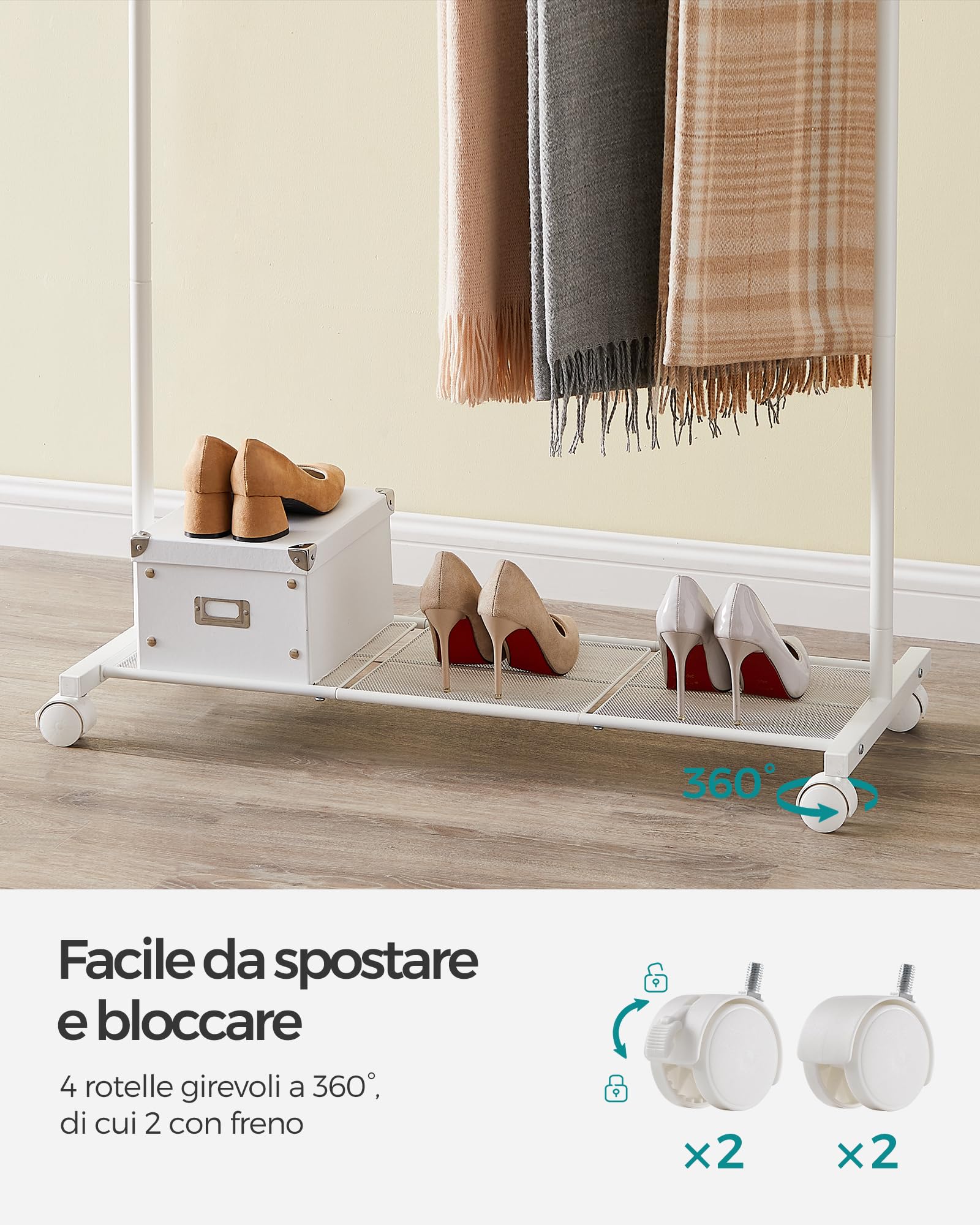 Appendiabiti Doppio SONGMICS Con Rotelle - Largo 91 Cm, Ripiano Portaoggetti, Portata 20 Kg | Nero - Foto 9