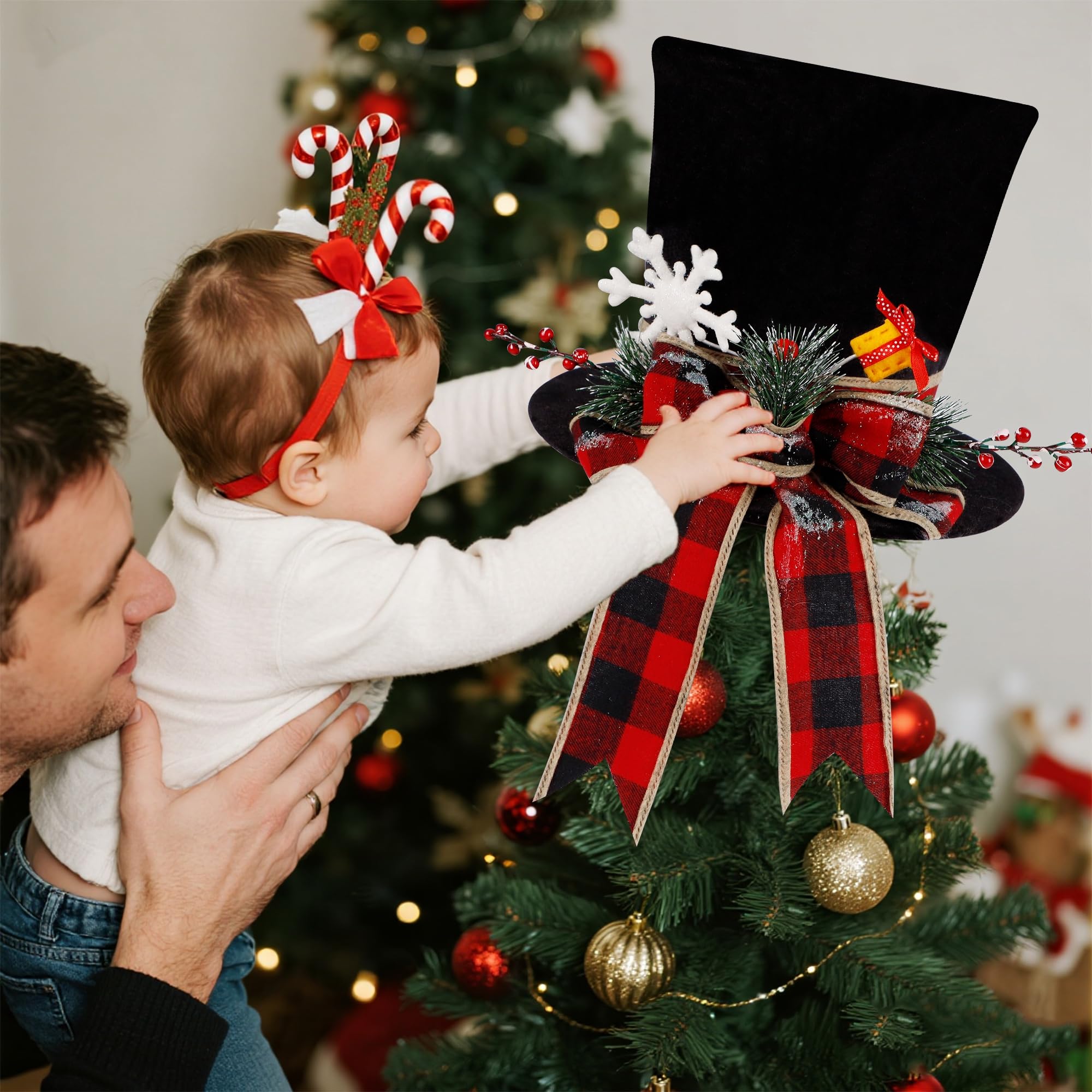 yofit Chapeau de Sapin de Noël, Chapeau en Velours Noir avec nœud à Carreaux Rouges et Flocons de Neige, décoration de Sapin de Noël, décoration de Bureau pour la Maison, Les Vacances, la décoration