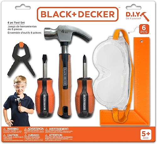 Black and Decker - Juego de herramientas de juego de simulación de seis piezas para niños, para bricolaje en casa y aprendizaje creativo