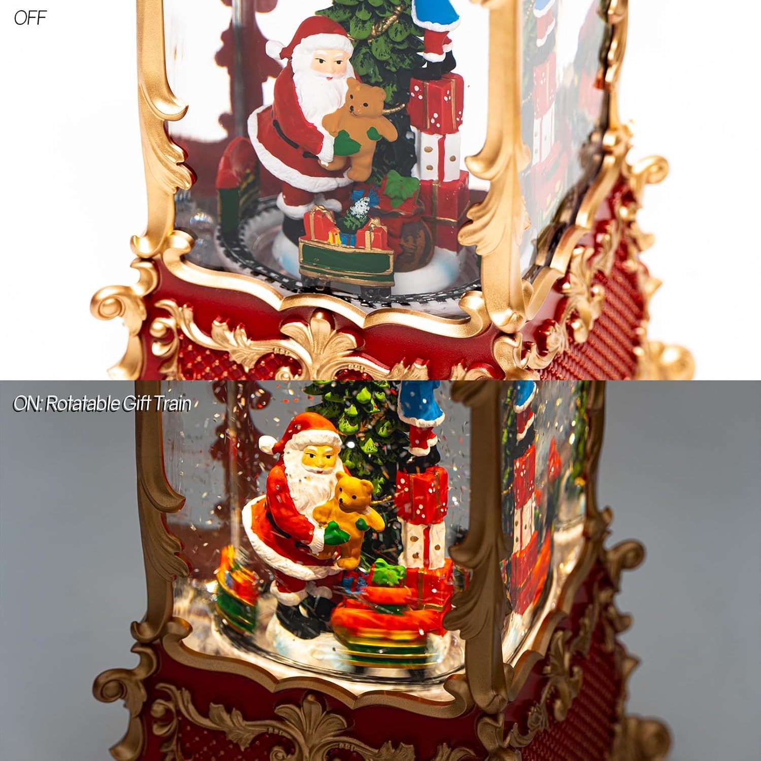 14" Christmas Snow Globe Lantern with Santa Claus - Swirling Glitter LED Light Musical Water Lantern with Rotatable Interior - Vintage Xmas Gifts - USB Plug or Battery Operated Home Decor (Palace Red) - Image 5