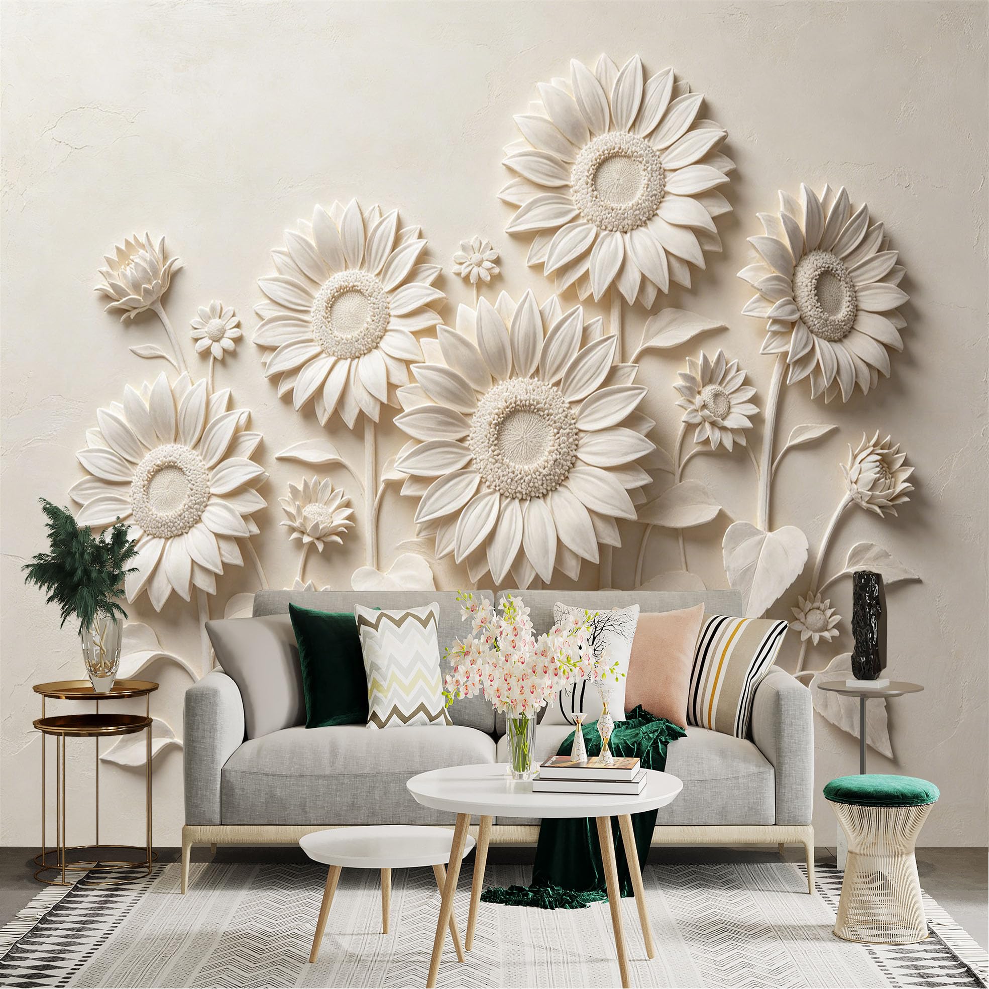 Lnzczhyre Dbh260521795 Custom Size Wall Sticker Mural， White Embossed Sunflowers， 3D Relief Floral Art， Minimalist Botanical Sculpture， For Wall Decoration， Peelandstick Wall Decals.