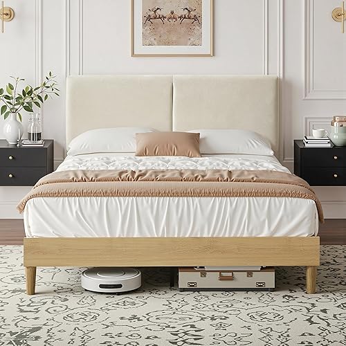 VECELO Base de cama tamaño matrimonial tapizada con cabecera de algodón y lino ajustable en altura, listones de madera resistente, espacio debajo de