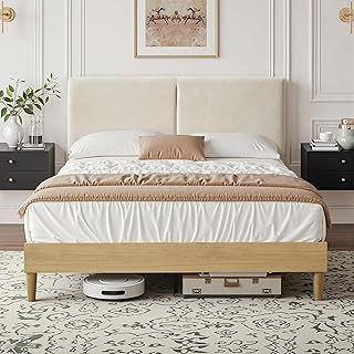 VECELO Queen Size Bed Frame Upholstered Platform Beds with Height-Adjustable Cotton and Linen Headboard, Heavy Duty Wood Slats, 6" Under-Bed Space, Noise-Free, No Box Spring Needed, Easy Assembly