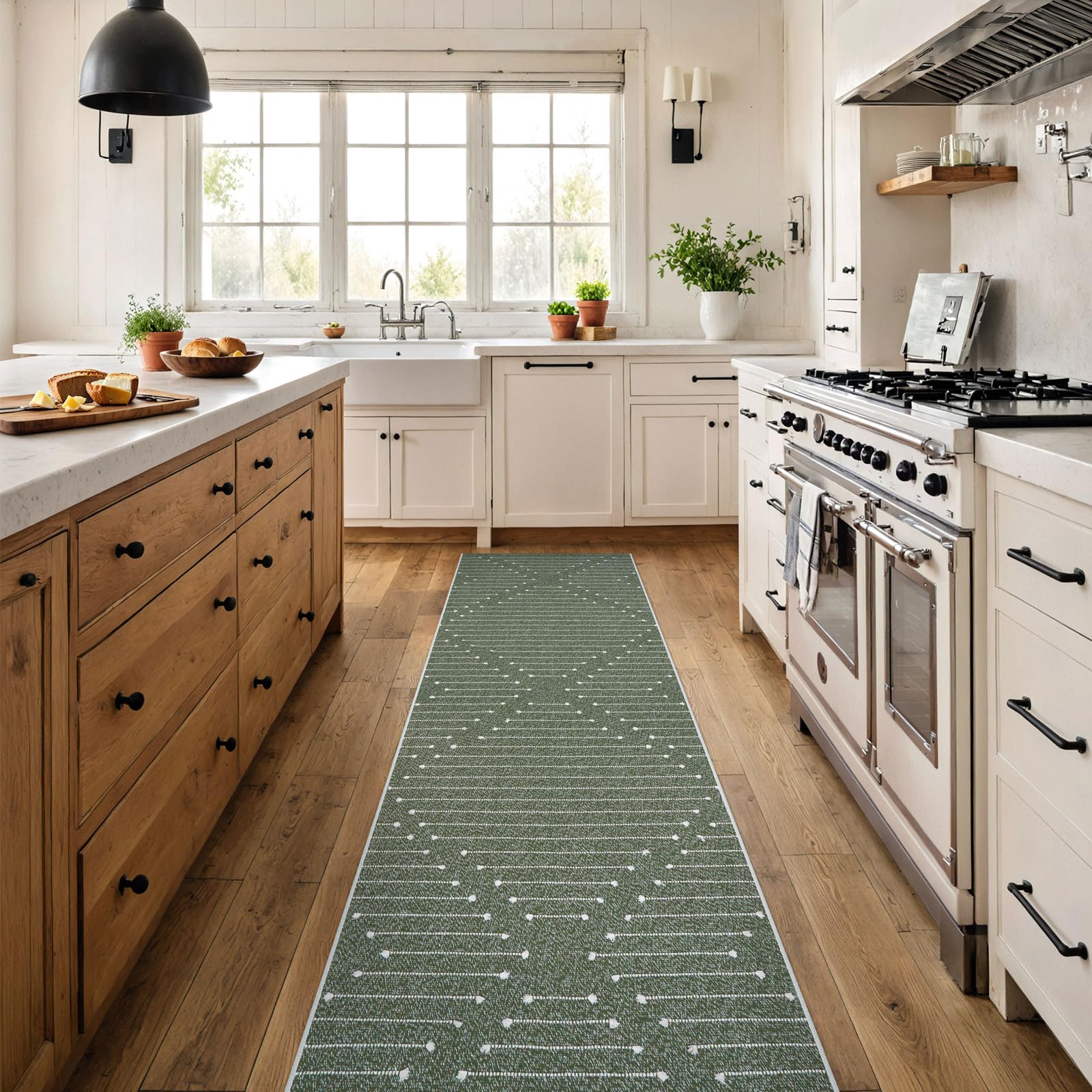 LIVEBOX Green Runner Rug for Kitchen 2x8, Boho Washable Runner for Hallway, Moroccan Cotton Long Entryway Area Rug Indoor Carpet for Bedroom Laundry