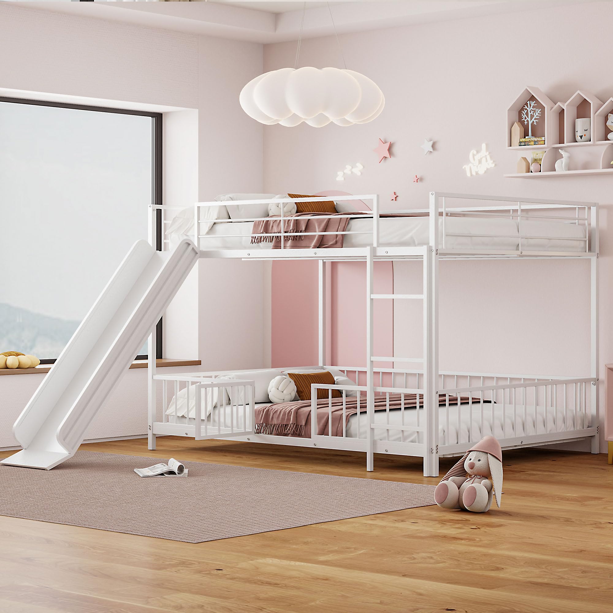 Bellemave Full Over Full Bunk Bed with Slide and Ladder, Metal Low Bunk Bed for Kids, Girls, Boys, Removable Fence, with Door, White