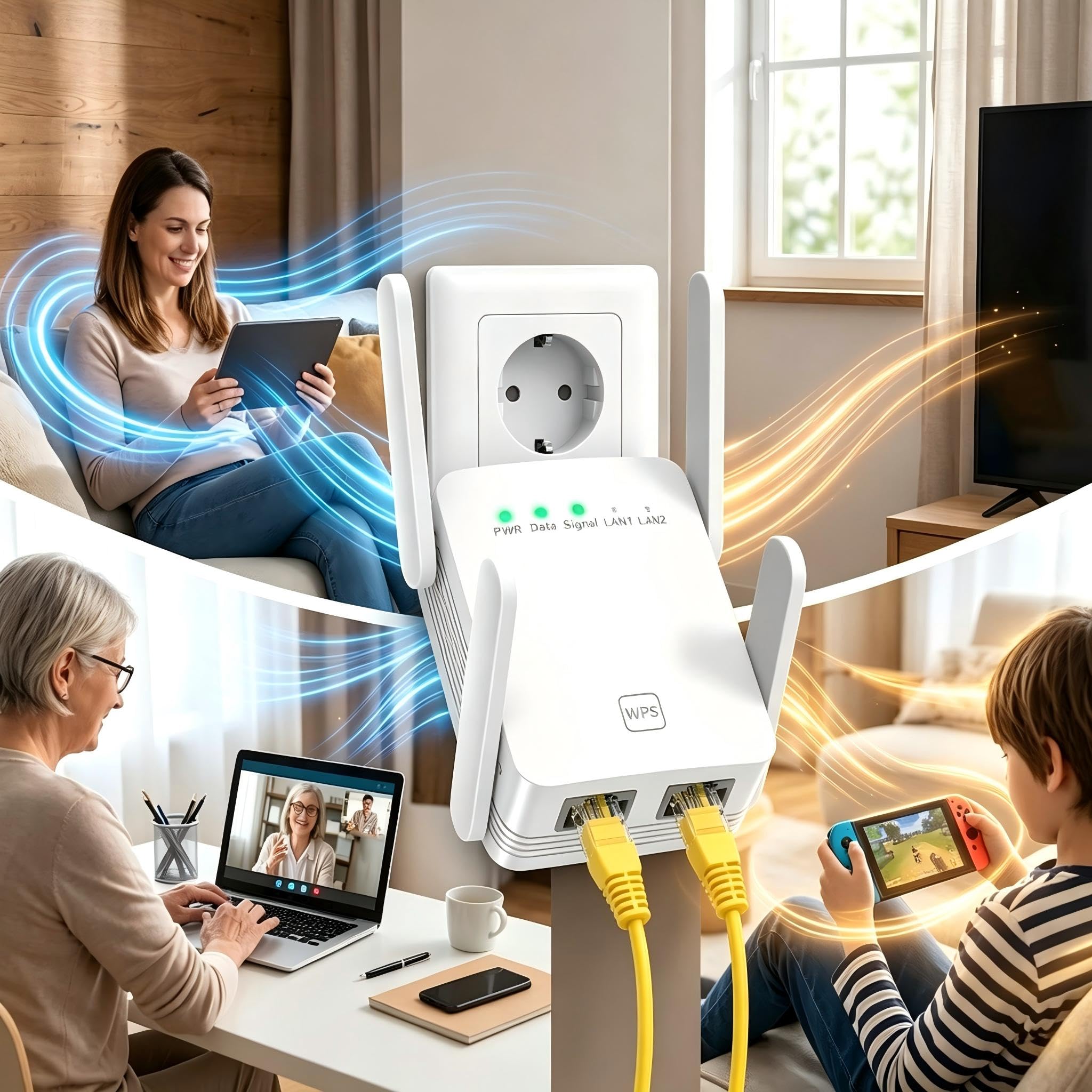 Amplificatore WLAN 1200 Mbit/s, ripetitore Wi-Fi dual-band 5 GHz e 2,4 GHz con connessione LAN, extender WiFi per copertura Internet, amplificatore di segnale per gaming, streaming, Smart TV e home
