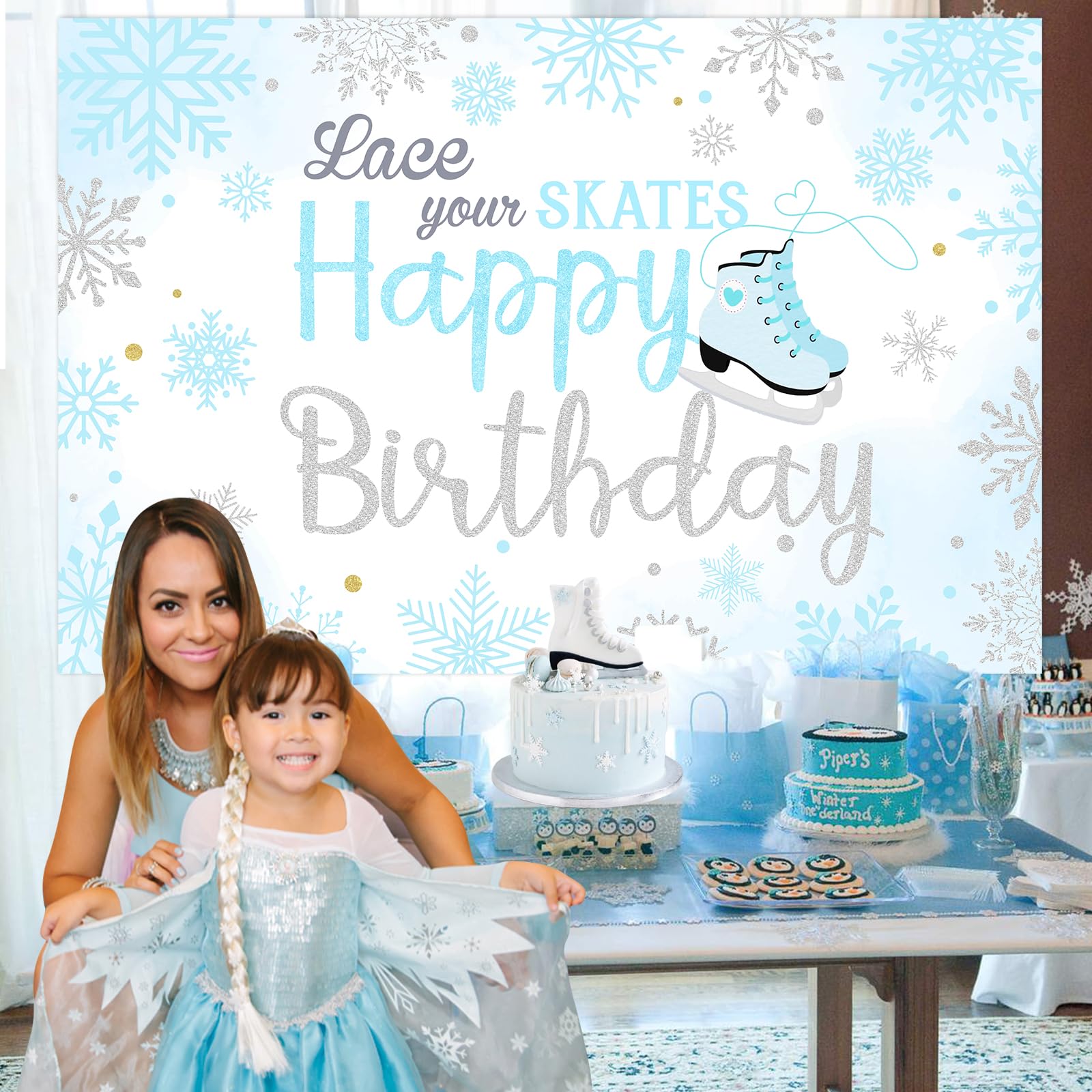 Ice Skating Happy Birthday Banner - Snow Princess Party Decor, 15 Panels With Ribbon, Blue & White