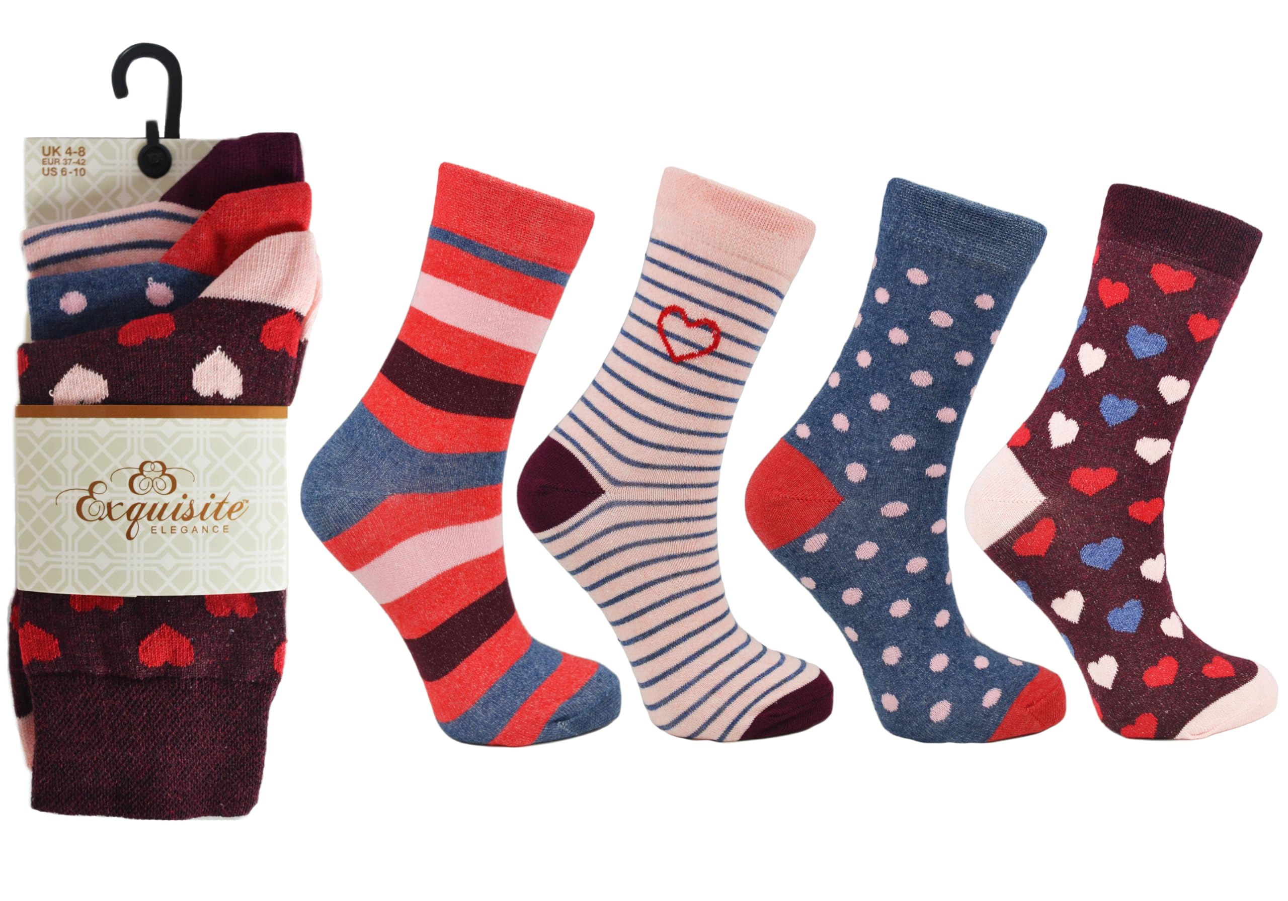 Exquisite Elegance 6 Pairs Women's Cotton Blend Socks, Heart and Polka Dot Patterns, Assorted