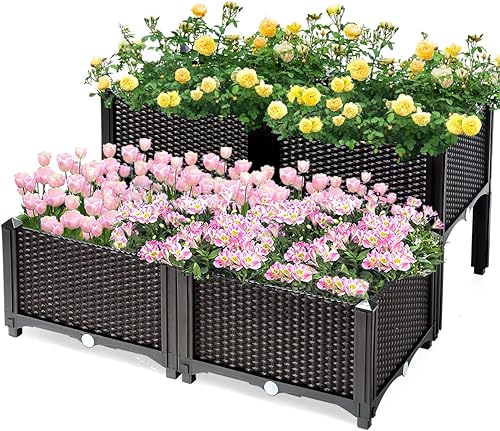 Renatone - Juego de 4 camas de jardín elevadas con patas, caja elevada con diseño de riego automático, contenedor de plástico para exteriores para