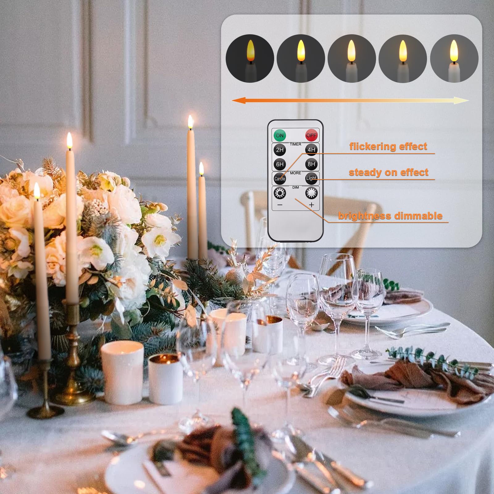 IMAGE Lot de 12 bougies coniques rechargeables sans flamme, mèche 3D ivoire avec minuteur à distance, ligne de pêche de 99,1 m, bougies LED vacillantes pour décoration de Noël, maison, mariage