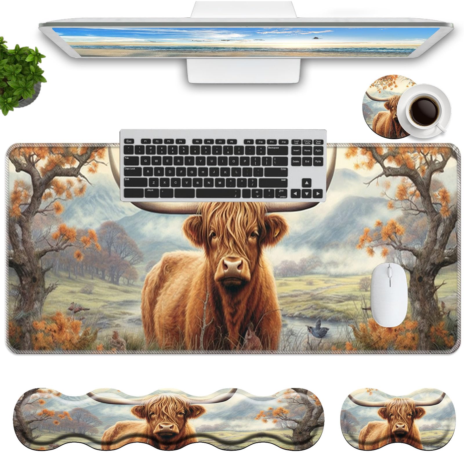 RUUHLJLET Keyboard Mouse Pad Set,Large Mouse Pad+Keyboard Wrist Rest+Wrist Support+Coaster,31.5x11.8in Extended Desk Mat for Computer Laptop Office Home-Highland Cow