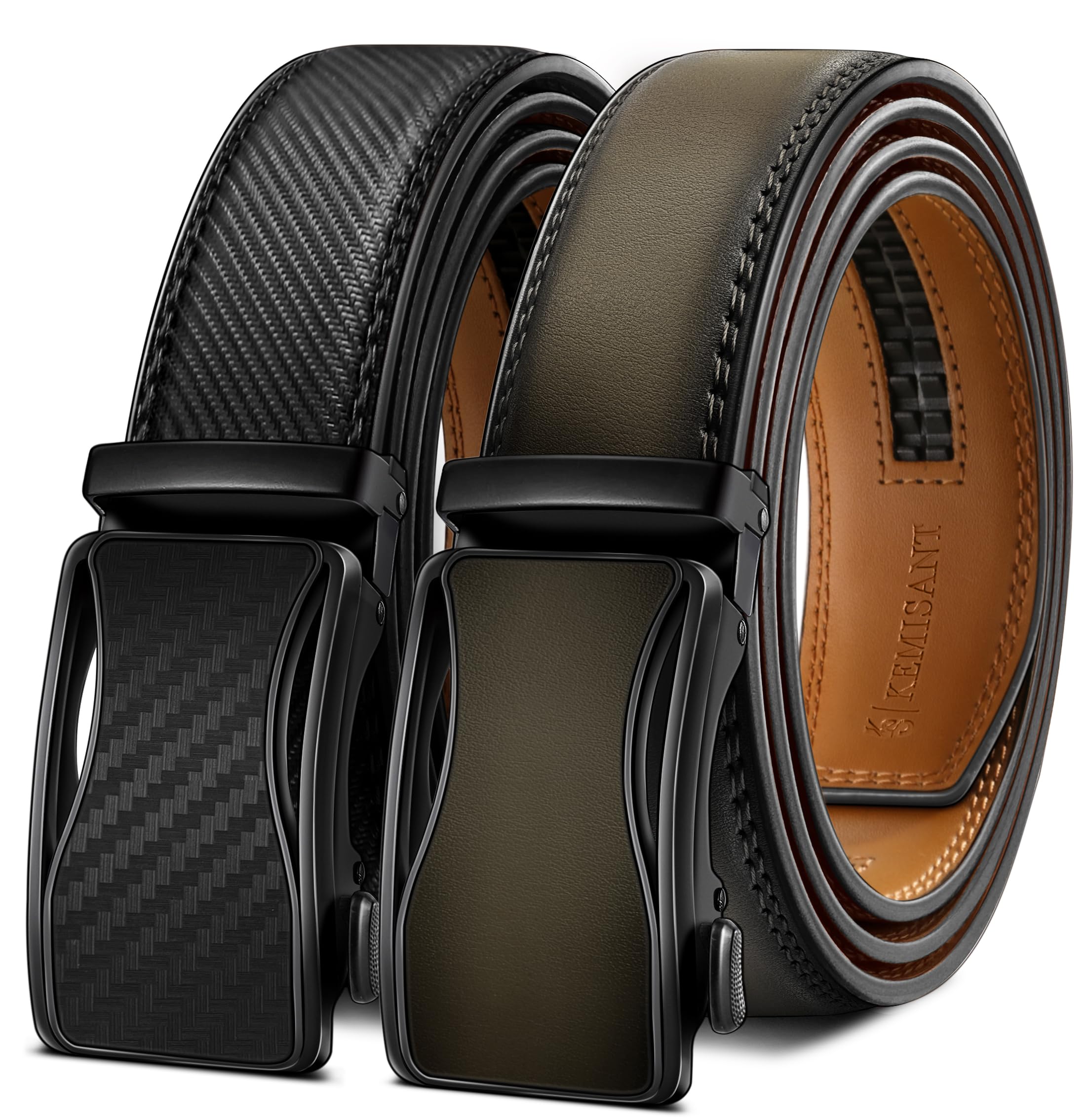 KEMISANT Gürtel Herren 2er, Ledergürtel Gürtel Ratsche Automatikschließe für Herren Verstellbar 35mm Breit mit Geschenkbox