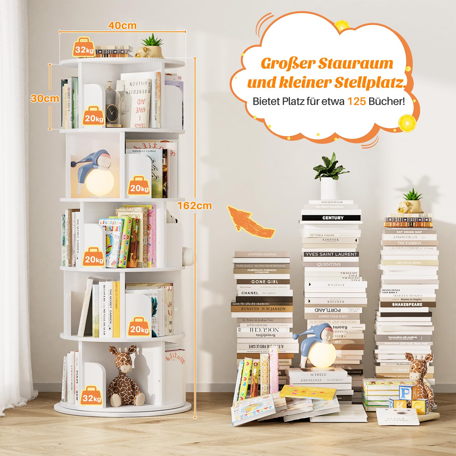 iSunirm 5-stöckiges drehbares Bücherregal, drehbarer Bücherregalturm aus Holz, rundes, um 360 Grad drehbares Bücherregal, Eck-Organizer für kleine Räume, Schlafzimmer, Büro, weiß