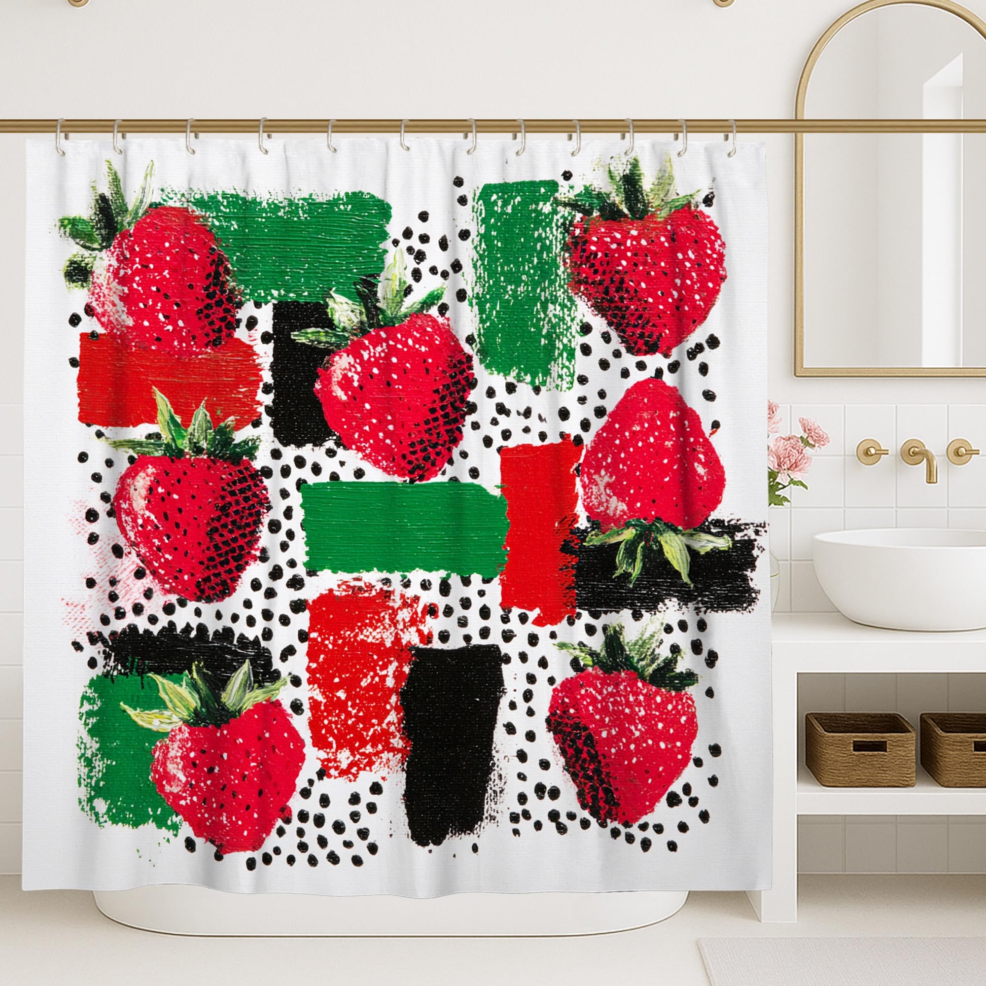 Strawberry Shower Curtain, Colorful Red Green Black Fruit Bathroom Decor, Summer Spring Modern Artistic Waterproof Fabric Shower Curtain with Hooks 72x72 Inch