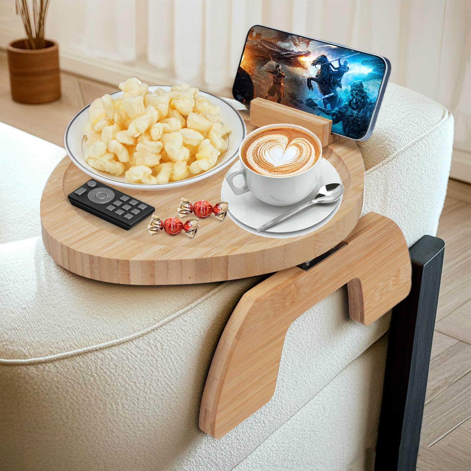 Sofa Arm Tray, Bamboo Couch Arm Tray with Anti-Slip Foldable Clip, Arm Rest Table for Couch with 360° Rotatable Phone Holder for Snacks, Drinks, Coffee, Cellphone, TV Remote
