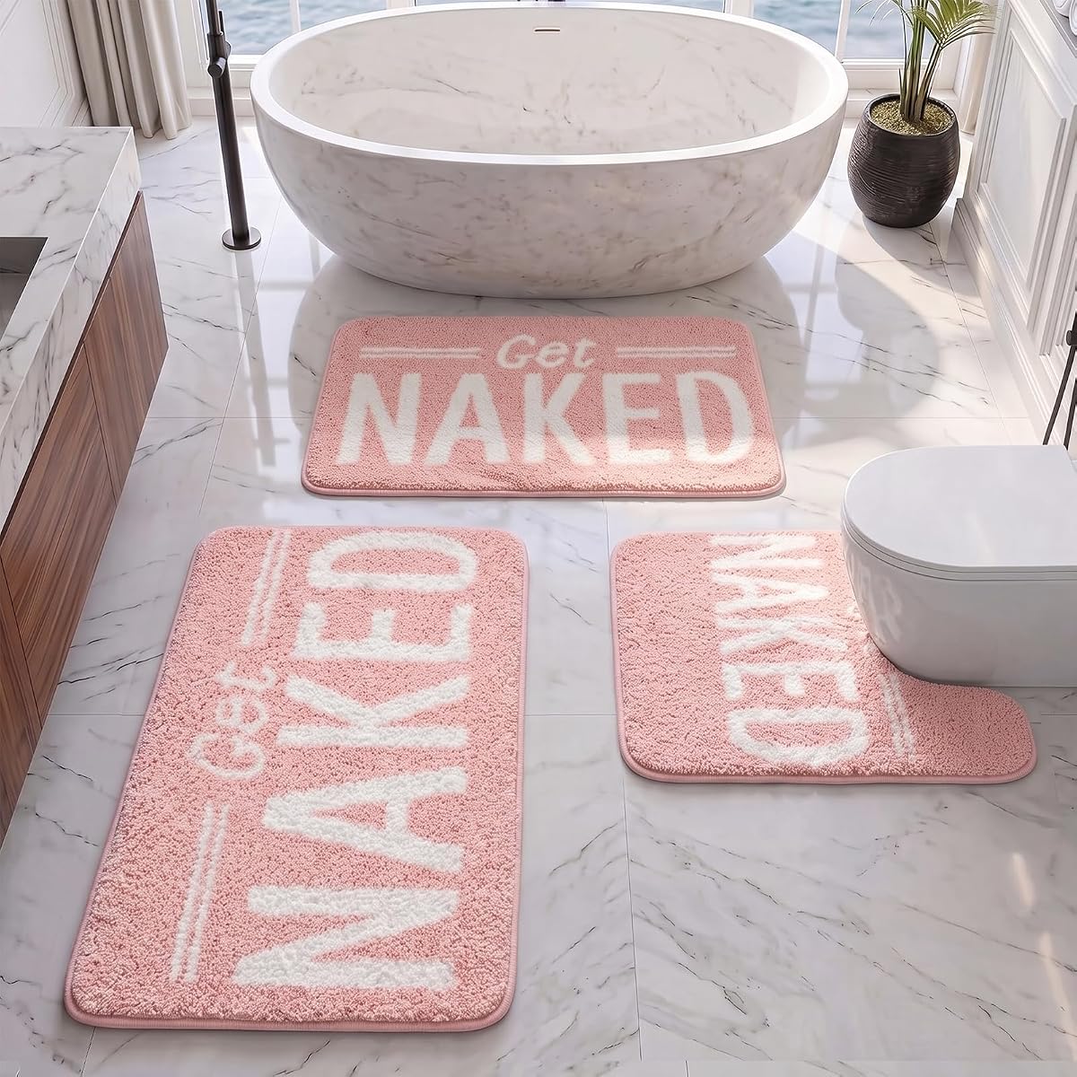 Britimes 3 Pcs Bathroom Rugs Fluffy Microfiber Non-Slip, Coquette Pink | Funny Bathroom Mat with U-Shaped Contour Toilet Mat Water Soft Absorbent Bath Rug Washable for Tub Showers Laundry Room