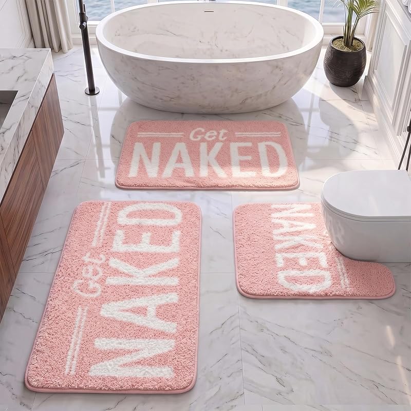 Britimes 3 Pcs Bathroom Rugs Fluffy Microfiber Non-Slip, Coquette Pink | Funny Bathroom Mat with U-Shaped Contour Toilet Mat Water Soft Absorbent Bath Rug Washable for Tub Showers Laundry Room