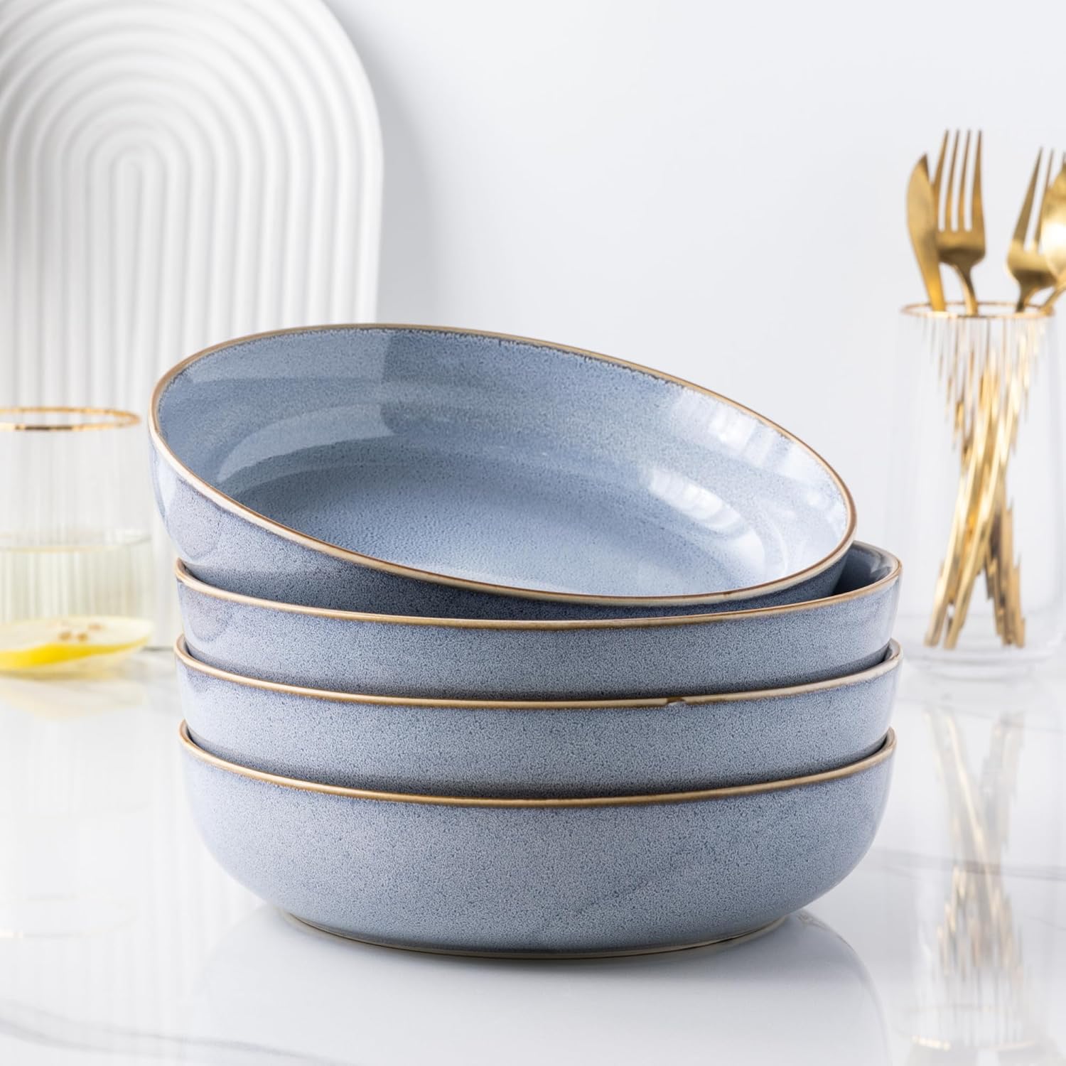 GBHOME 8.75'' Large Ceramic Pasta Bowls, 38oz Stoneware Pasta Serving Bowls Set of 4 for Kitchen, Wide Bowls for Fruit,Pasta,Salad,Oatmeal,Meal, Microwave Safe, Reactive Glaze-Blue - Image 6