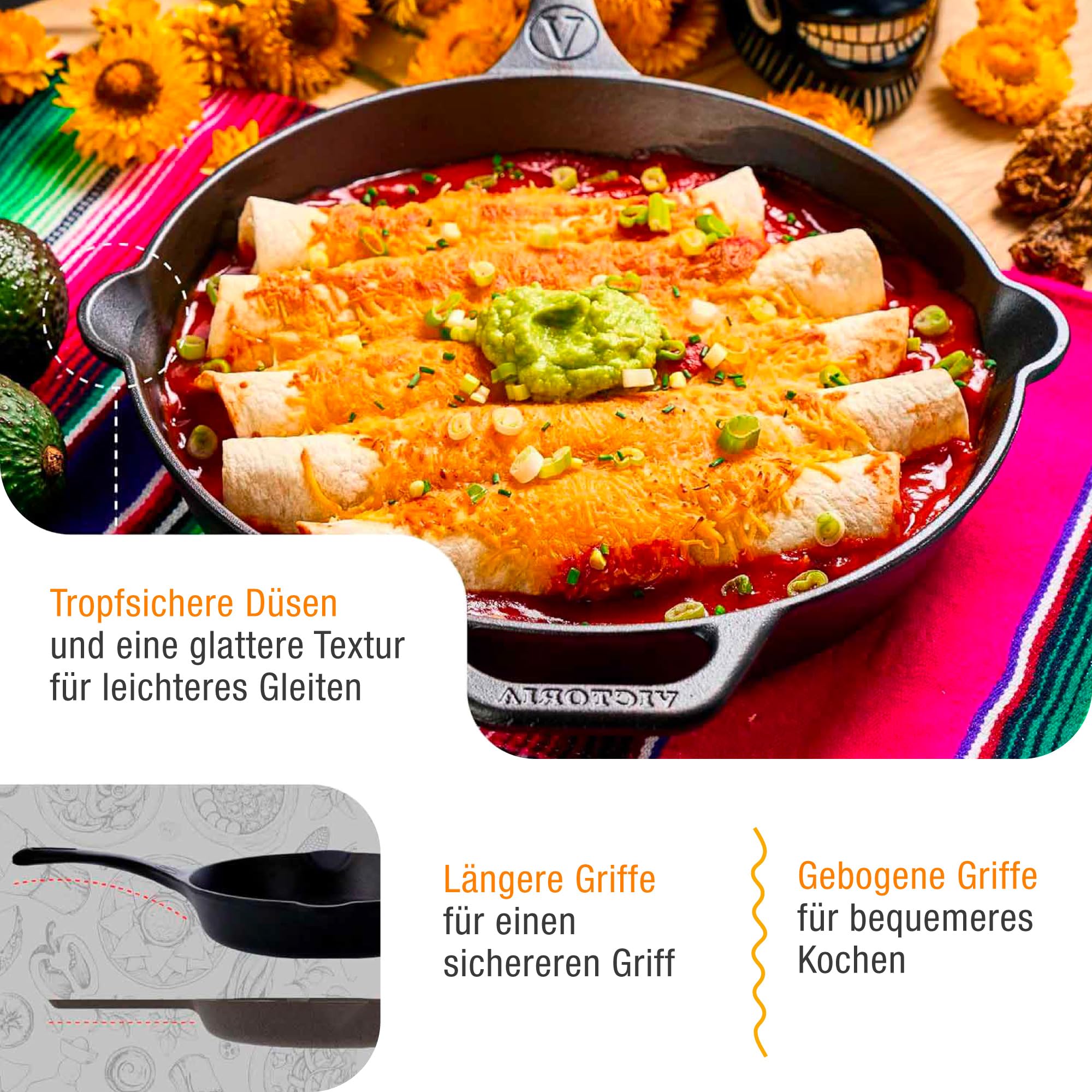 VICTORIA Bratpfanne Gusseisenpfanne Eingebrannte 25cm Day of the Dead La Catrina, für Grill, Backofen, Induction, Gas, Cast Iron Skillet Toxic Free Non-Stick Kochgeschirr oder PFOA