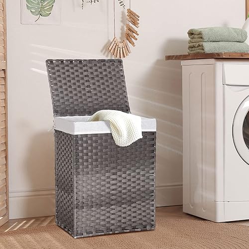 Cesta de lavandería con tapa, cesta de ropa plegable de 90 litros con 6 bolsas de lavandería y 2 bolsas extraíbles con forro tejidas a mano para