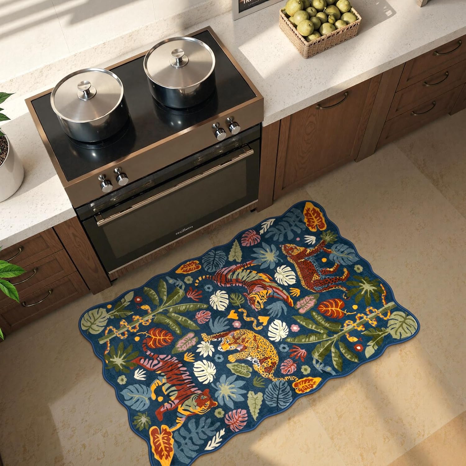 LEEVAN Washable Tiger Rug 2x3 Bathroom Rugs Non Slip Scalloped Blue Entryway Mat Leopard Front Door Mat Low Pile Rug Pad for Porch Soft Jungle Laundry Doormat