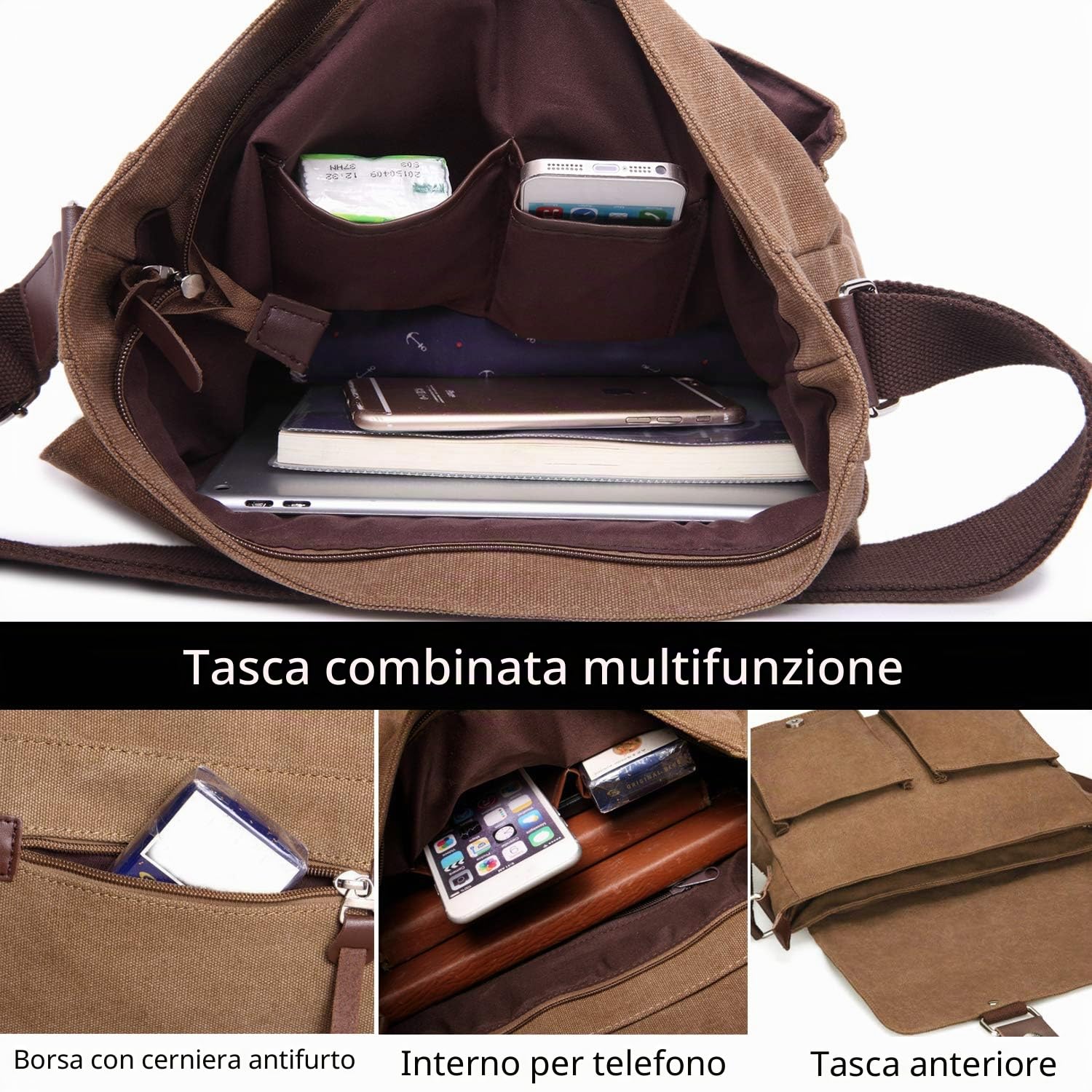 FANDARE Borse a spalla da Uomo/Donna Borse Messenger di tela Unisex Borse per PC portatili Borsa a tracolla Per lavoro e scuola,Viaggio,Shopping