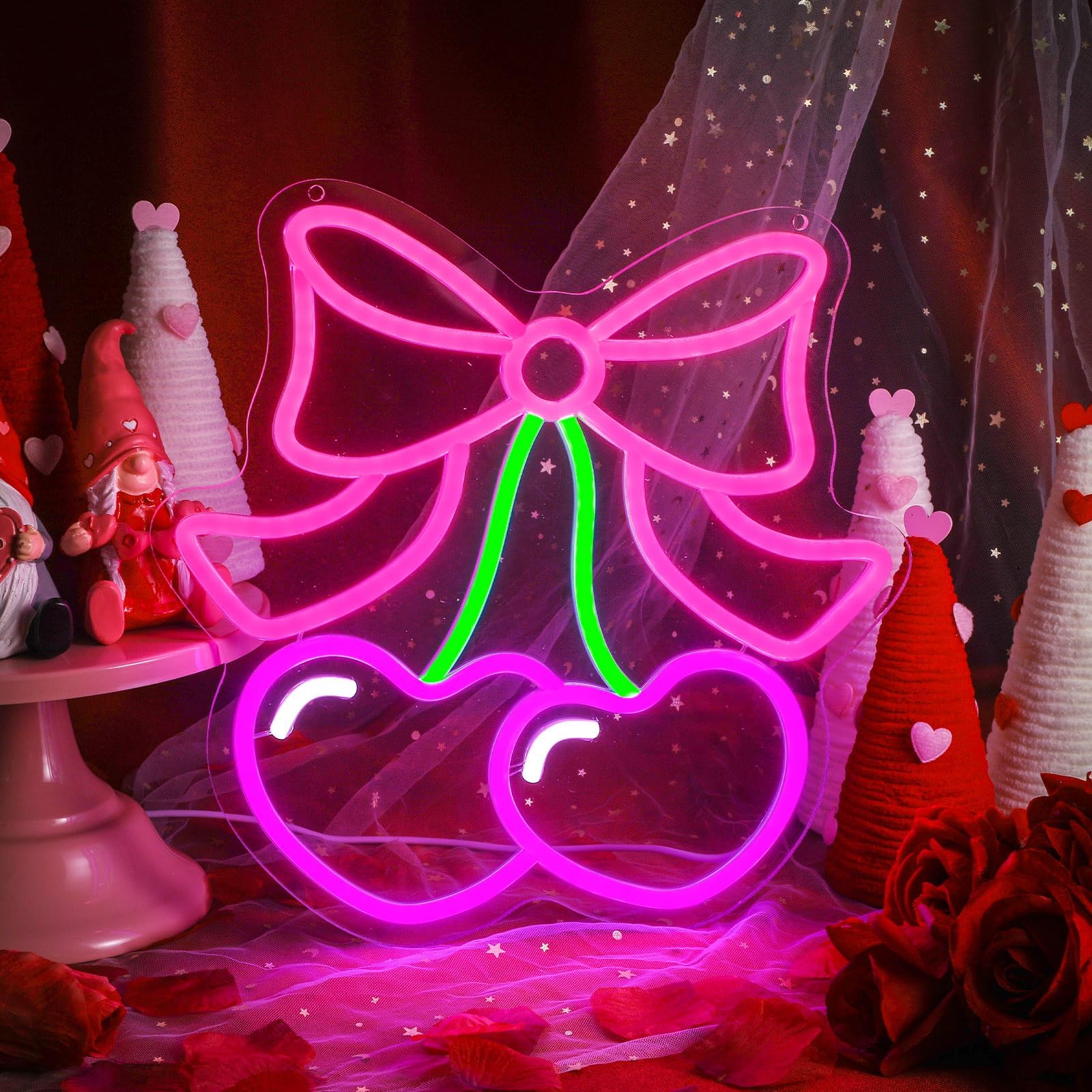 Valentine's Day Cherry Bow Neon Sign Lamp 11.8 x 11.8'' Hot Pink and Pink Valentine Window Light Cherry Heart LED Light USB Powered Adjustable Lighting for Galentine Wedding Bedroom Wall Decor — image 1