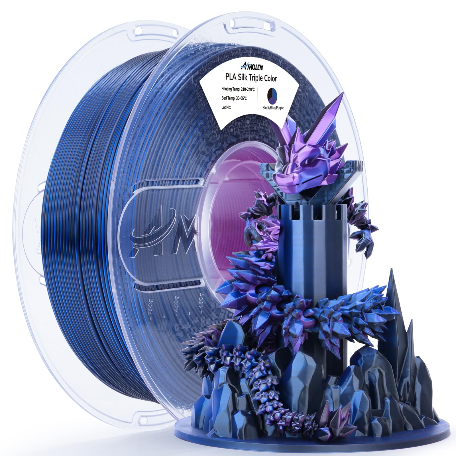 AMOLEN Filamento de impresora 3D, filamento PLA de seda de viaje de 1,75 mm, filamento de coextrusión de impresión 3D negro, azul y morado, 1 kg