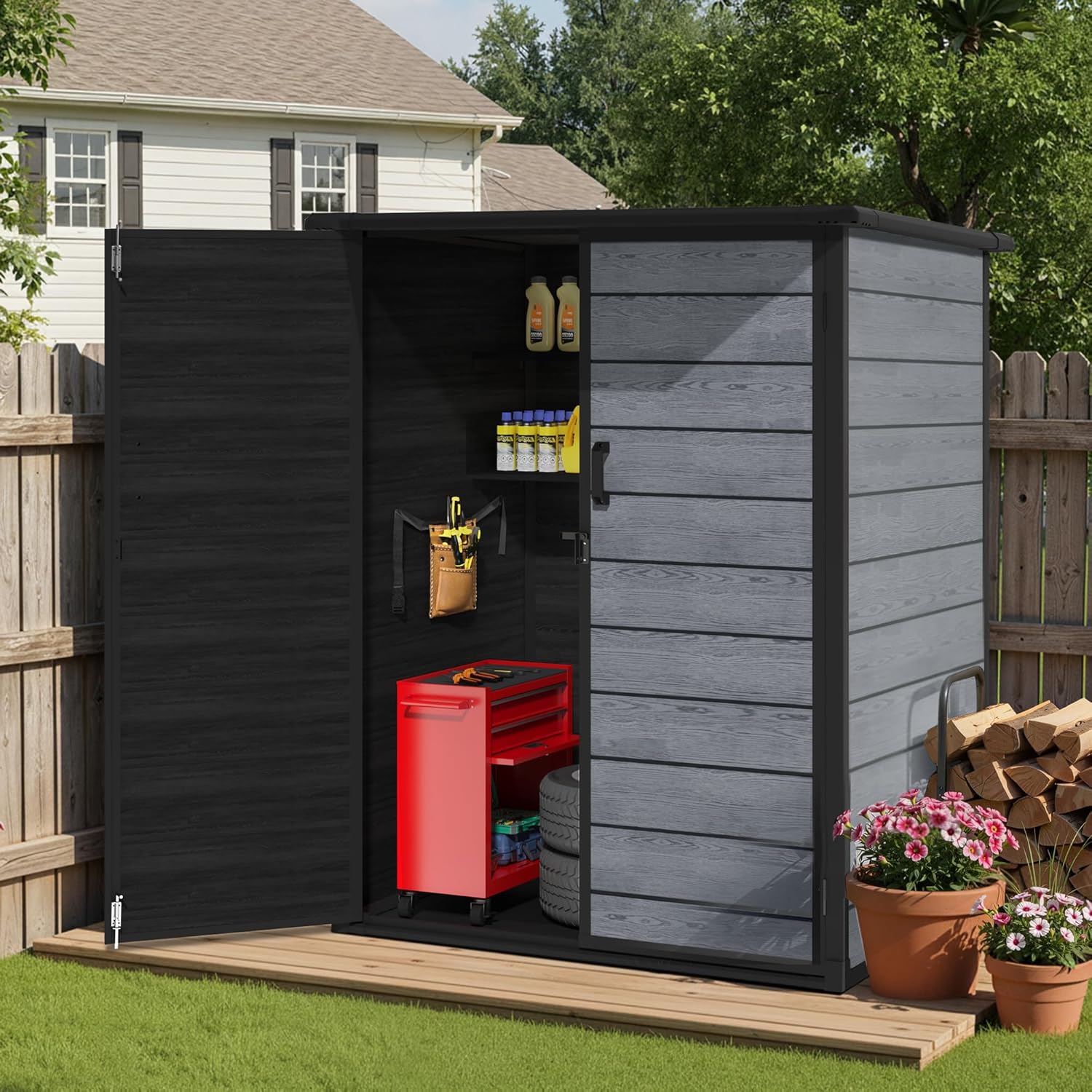 5×3 FT Vertical Outdoor Storage Cabinet, 56.8 Cu.Ft Resin Cabinet with Lockable Double Doors, Weather-Resistant for Garden and Patio (Woodgrain Gray)