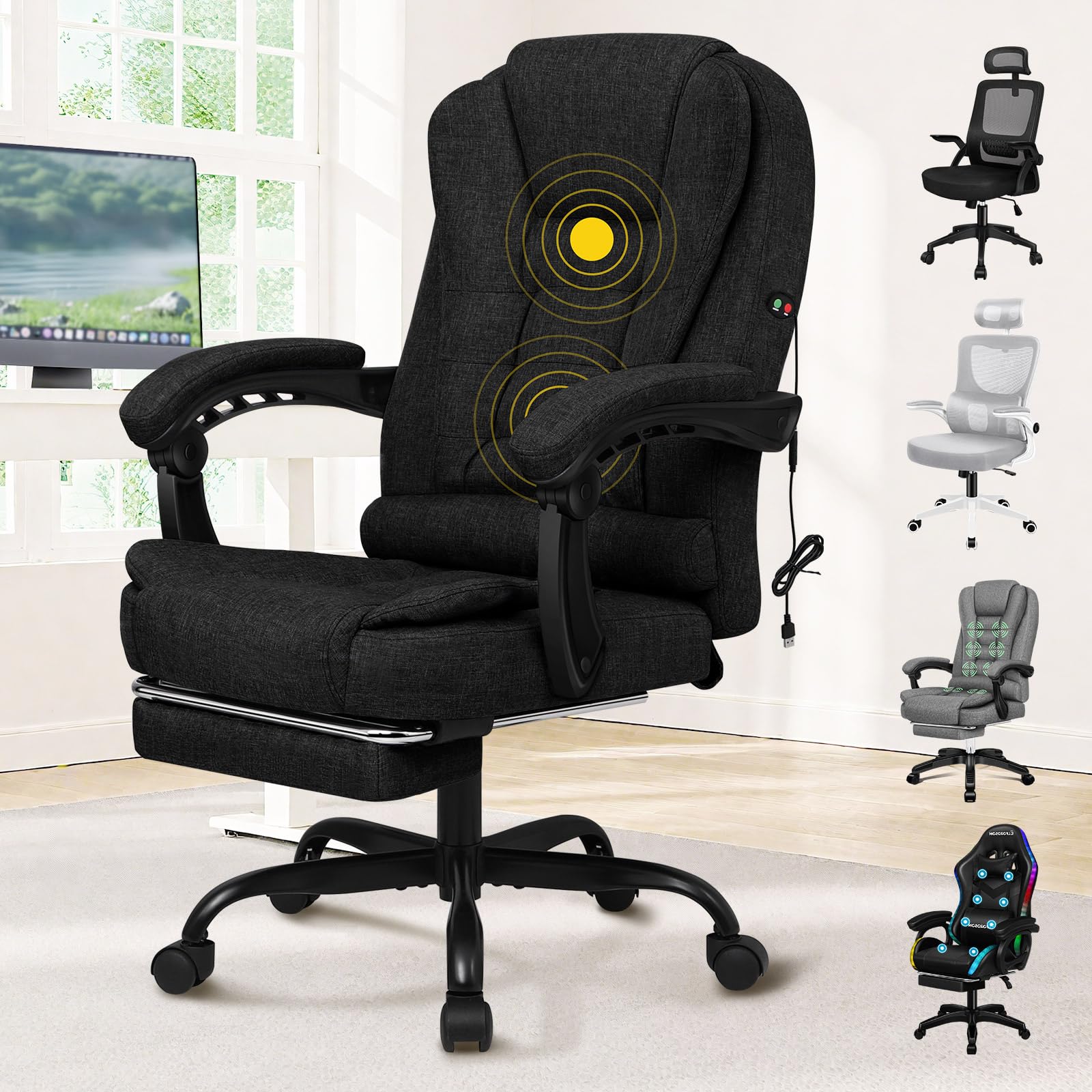 ALFORDSON Silla Oficina Ejecutiva con Masaje, Silla Escritorio Ergonómica Acolchado Reclinable con Reposapiés Retráctil, Altura Ajustable, para Estudio,Recepción,Computadora,Hogar, Tela de lino(Negra)