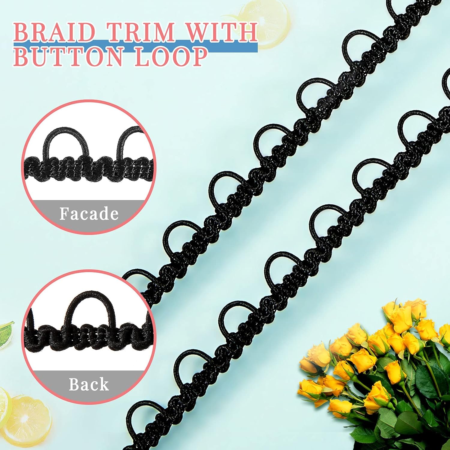 10 Yards Gimp Braid Trim with Elastic Button Loop Bridal Button Loops Dress Zipper Extender Upholstery Trim Sewing Trim Embellishment for Wedding Costume DIY Crafts Jewelry Home Decor (Black) : Arts, Crafts & Sewing