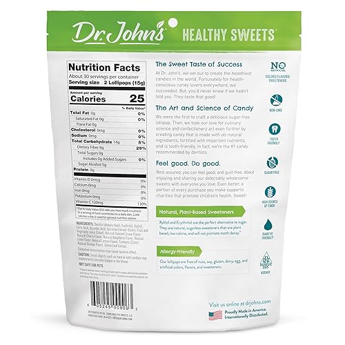 Vista 2 de Dr. John’s Sugar Free Candy, Healthy Lollipops with Zero Sugar, Low Calorie Snacks, Keto Friendly Hard Candy Sweets, Classic Fruit, Oval, 60 Count
