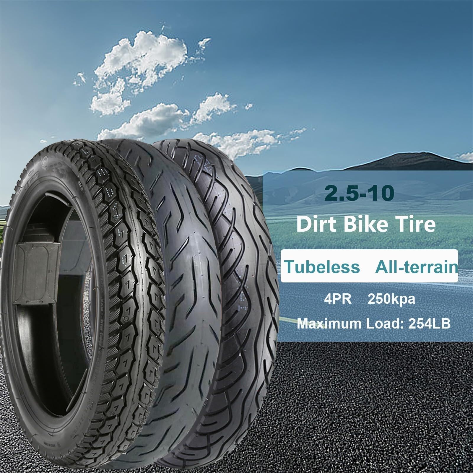 2.50-10 Opona Rowerowa bez Wewnętrznej Rury, Odporna na Przebicia i Samozamykająca się, Wytrzymała Gumy dla E-Roweru, Dirt Bike, Rower Miejski, Pasuje do 14x2.50/60/100-10, z Zaworem(B)