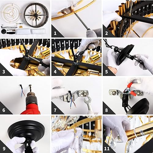 Miniatura 9 de MSSIAN Candelabro moderno dorado y negro, 5 niveles, lámpara colgante redonda de cristal para comedor, dormitorio, sala de estar, vestíbulo, granja,