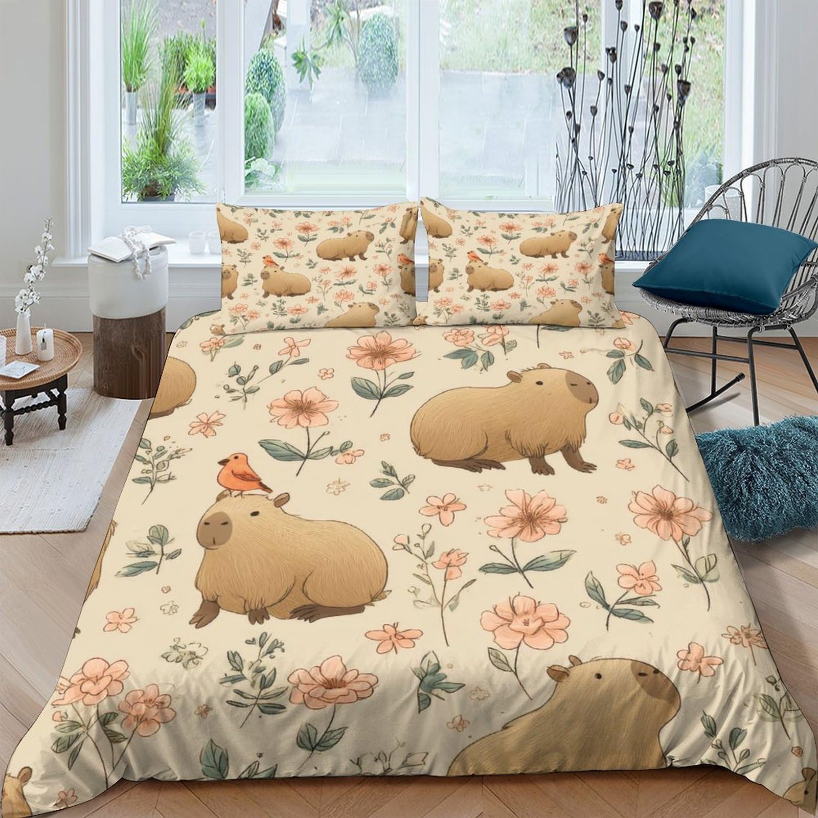Ctjqhvkz Style-4 3D Printed Capybara Floral Fitted Sheet Microfiber Soft Non-Slip Mattress Cover For Bedroom Dorm Decor Single（135X200cm）
