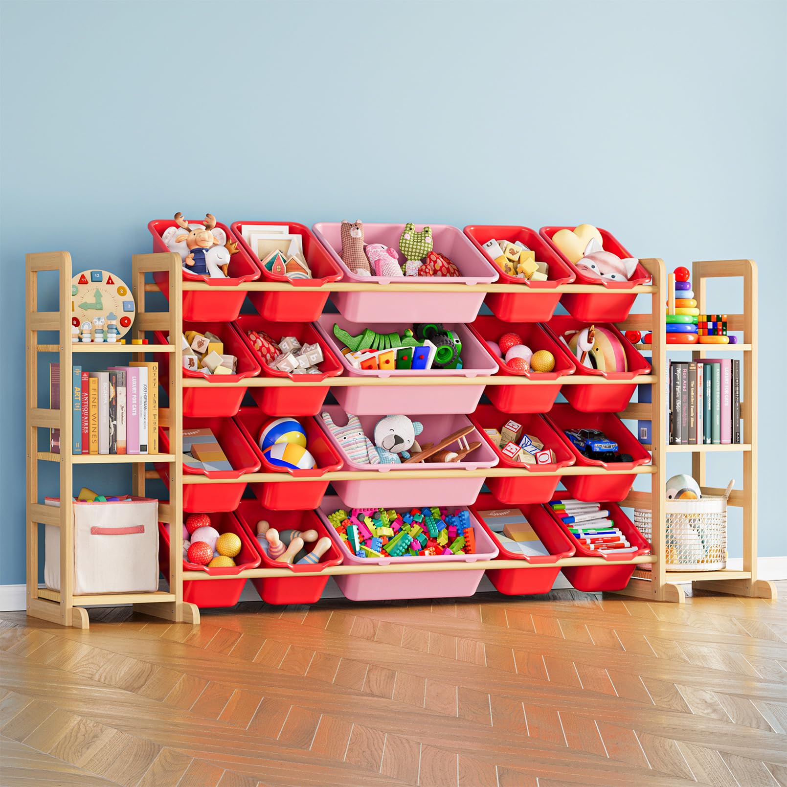 SpaceAid Toy Storage Organizer with 6 Shelves and 20 Bins, Toy Organizers Storage Bookshelf, Kids Bin Shelf Toys Box Bookcase for Bedroom Playroom Organization Room Decor, Red and Pink
