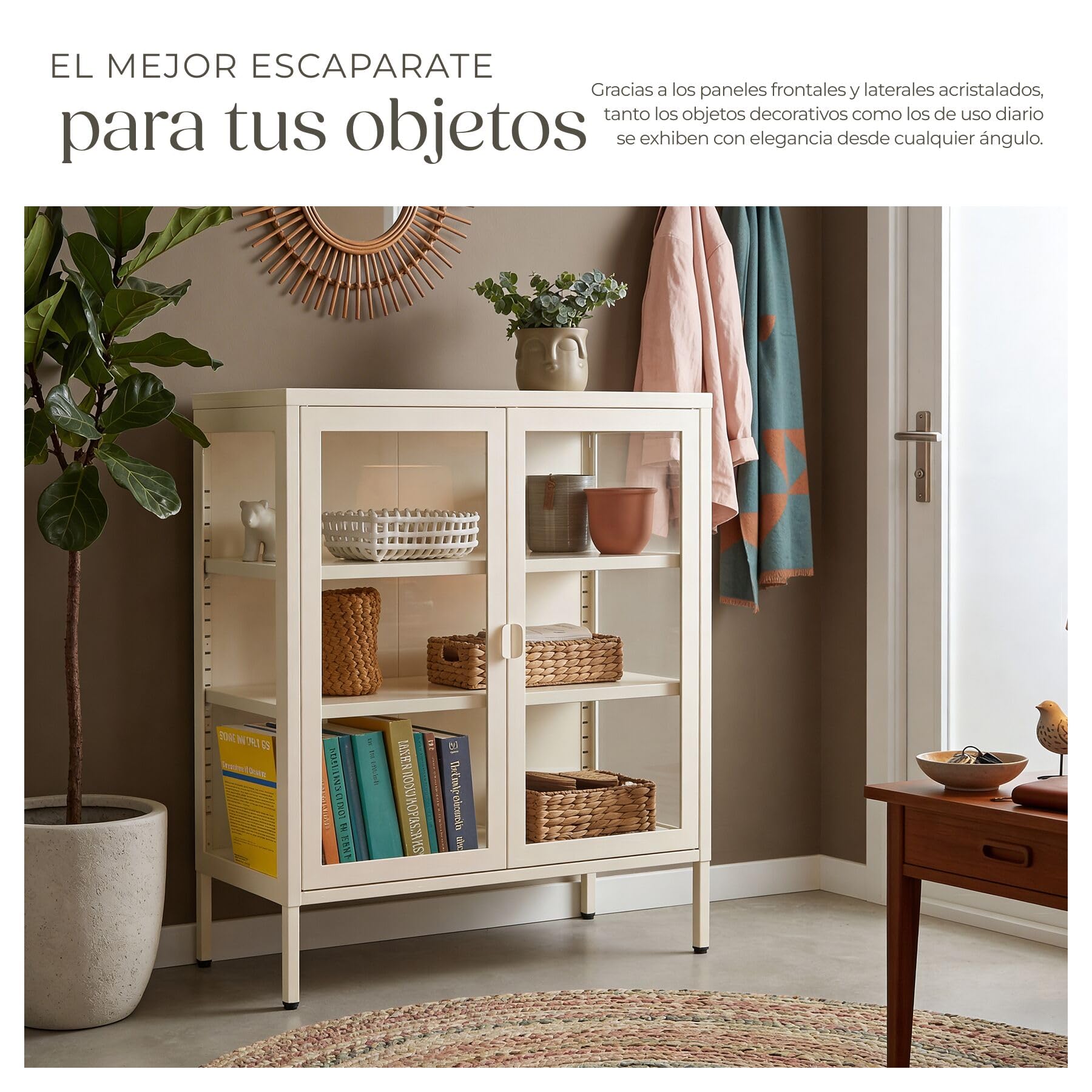 tectake® Vitrina Expositora con Puertas de Cristal con Cierre Magnético, Mueble Baño con Estantes Ajustables, Estanterias Almacenaje con Patas Ajustables, Estanteria - Crema