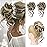 HOOJIH 2 Pack Curly Wavy Messy Bun Hair Extensions, Light Ash Brown with Blonde Mixed, Heat Resistant Fiber, Easy Clip-In Installation
