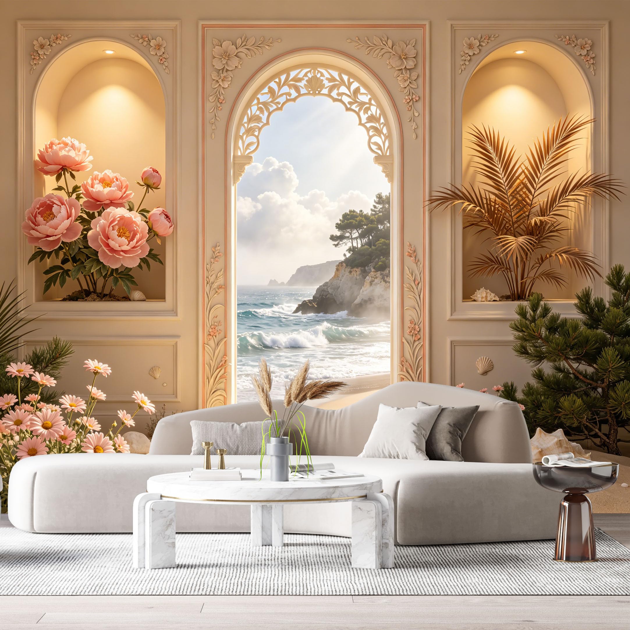 Custom Size Wall Murals Coastal Botanical 3D Trompe L'Oeil Archway Tropical Beach Ocean Sea Shells SelfAdhesive Wall Fabric Removable Large Wallpaper for Photo Living Room