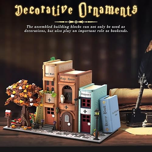 Miniatura 7 de Kit de construcción de casa mágica, sujetalibros decorativos para el hogar para juguete de bloques de construcción, estantería en miniatura para