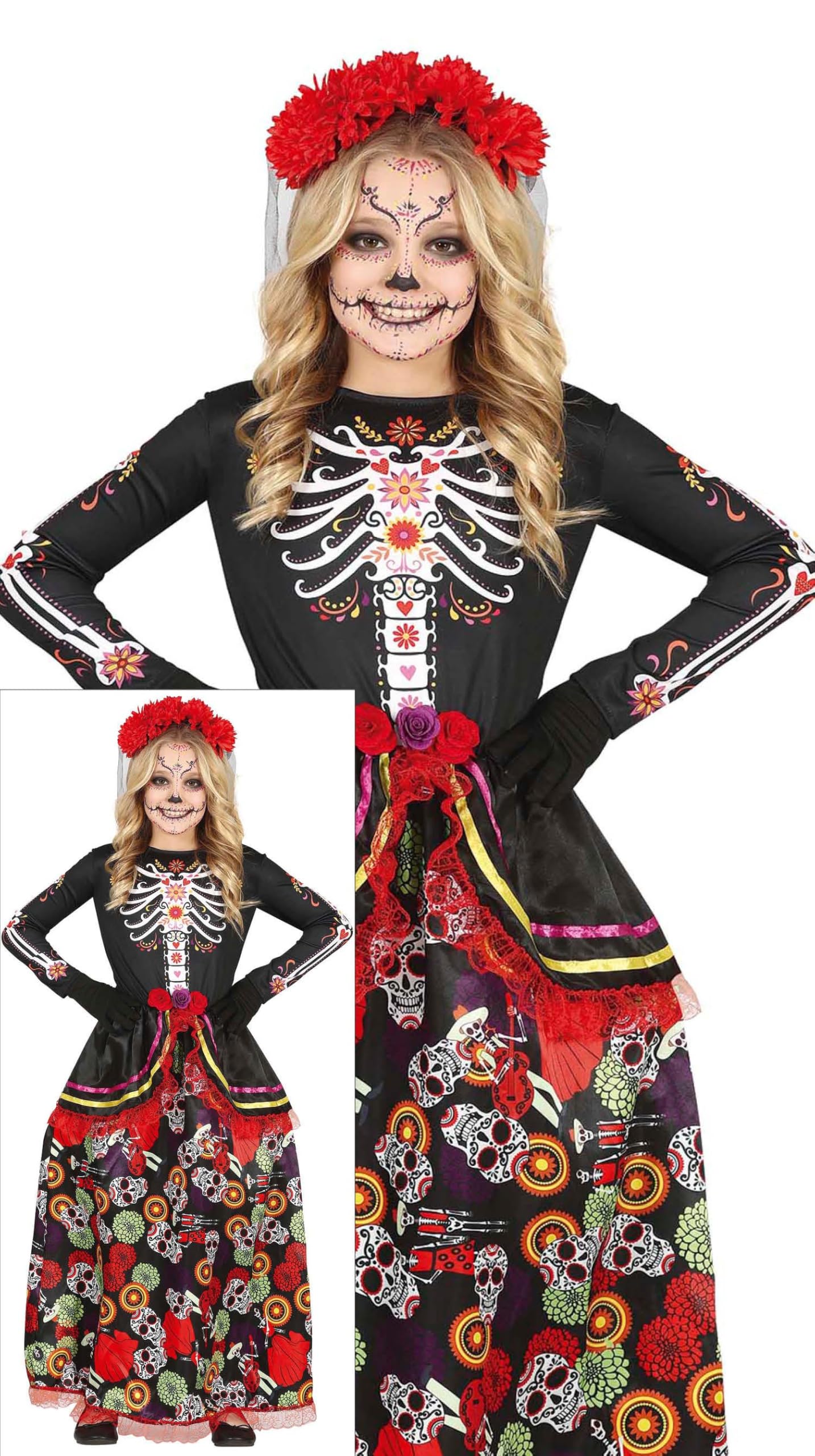 FIESTAS GUIRCA Day of the Dead Fancy Dress Costume - Elegant Long Dress and Headband with Flowers for Girls 7-9 Years