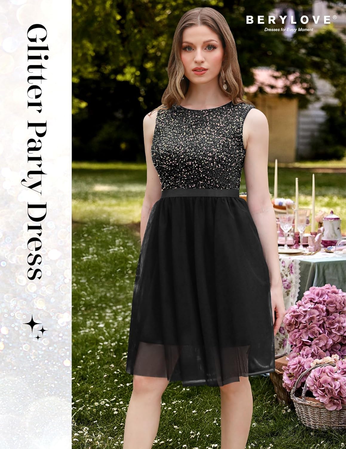 BeryLove Sequin Dress Vintage A Line Wedding Formal Swing Tulle Dress Sleeveless Cocktail Mini Dress - Image 3