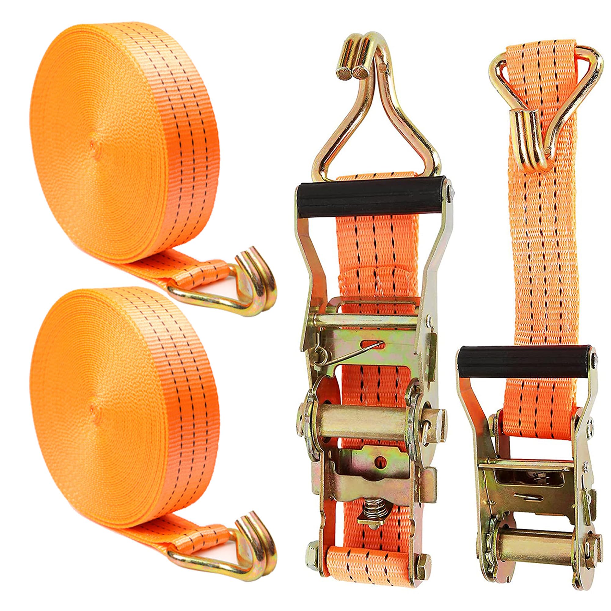 Confezione da 2 cinghie a cricchetto, 5 cm x 6 m, resistenti, cinghie di fissaggio con maniglia e gancio a J in metallo, per camion, auto, moto, arancione