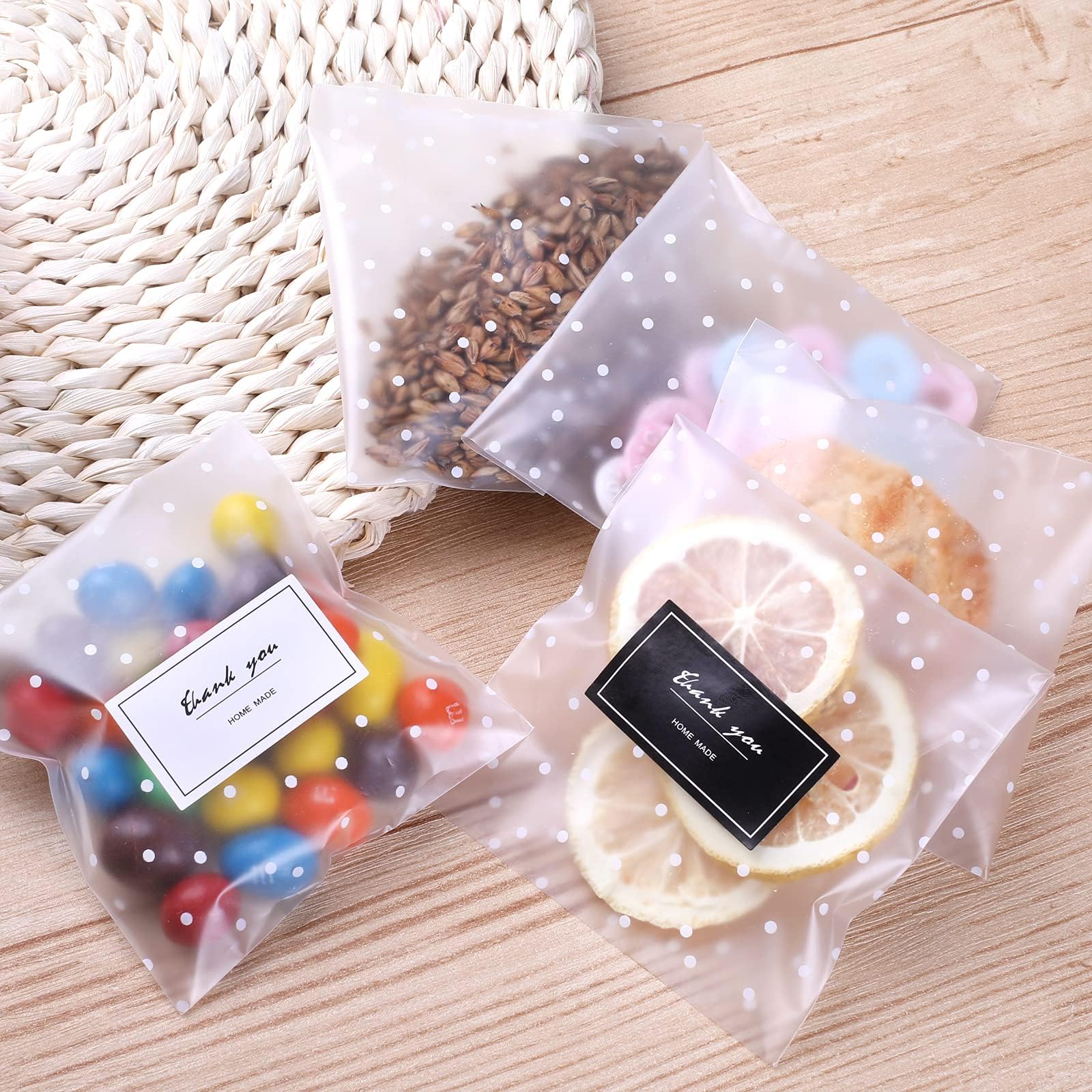 Self-Adhesive Cookie Packs - 10x10cm Wax Melt Bags with Stickers, Clear & Glassine Bags for Food - 100 Pcs in White Plastic Polka Dots
